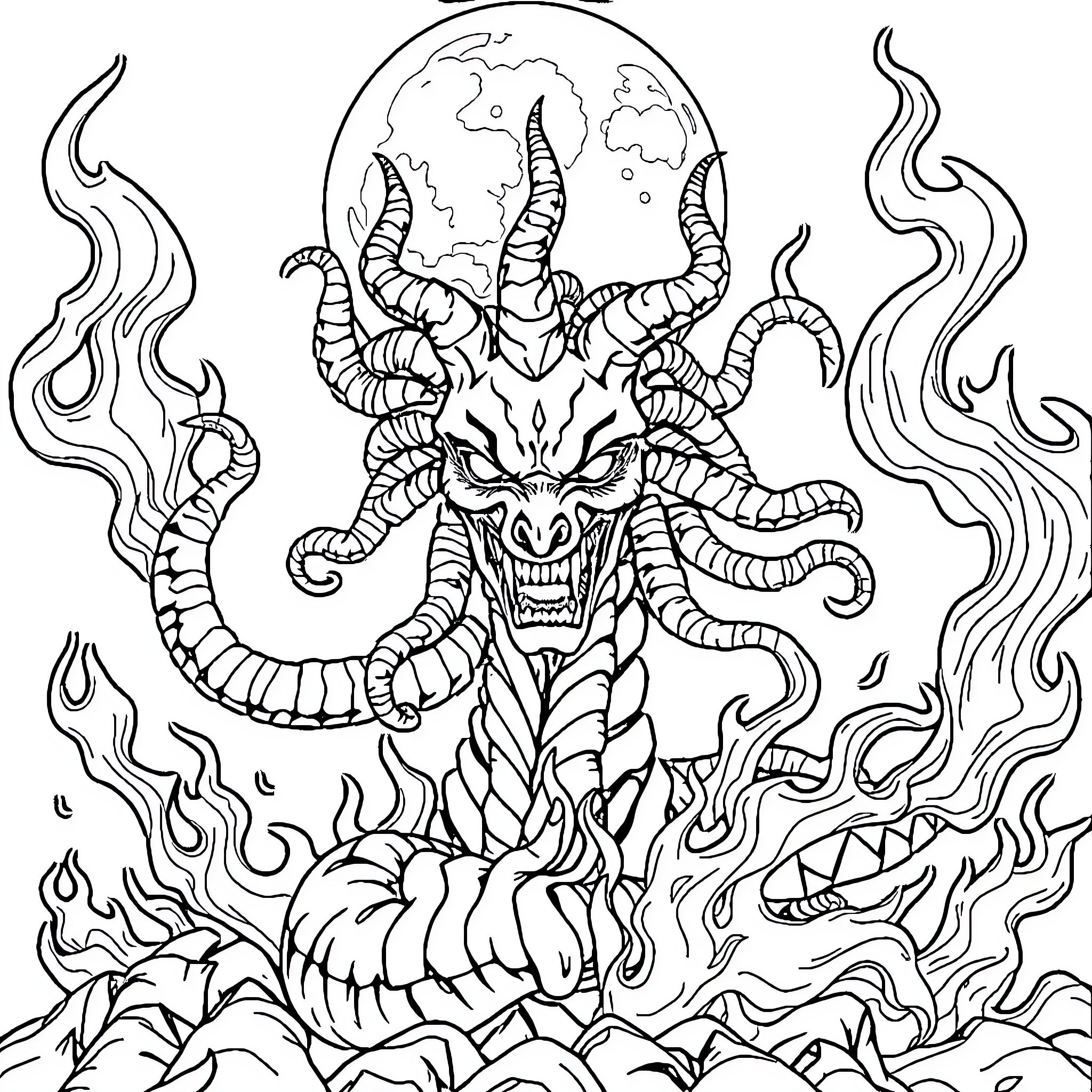 Medusa's Fiery Demonic Transformation Coloring Page (free black-and-white line drawing printable PDF for all, from beginners to advanced learners, including children, teens, adults, and seniors)