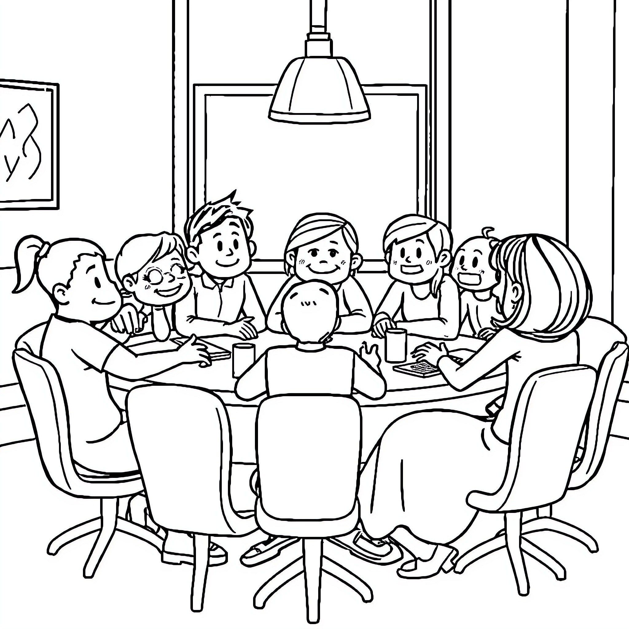 Among Us characters meeting at the office Coloring Page (free black-and-white line drawing printable PDF for all, from beginners to advanced learners, including children, teens, adults, and seniors)