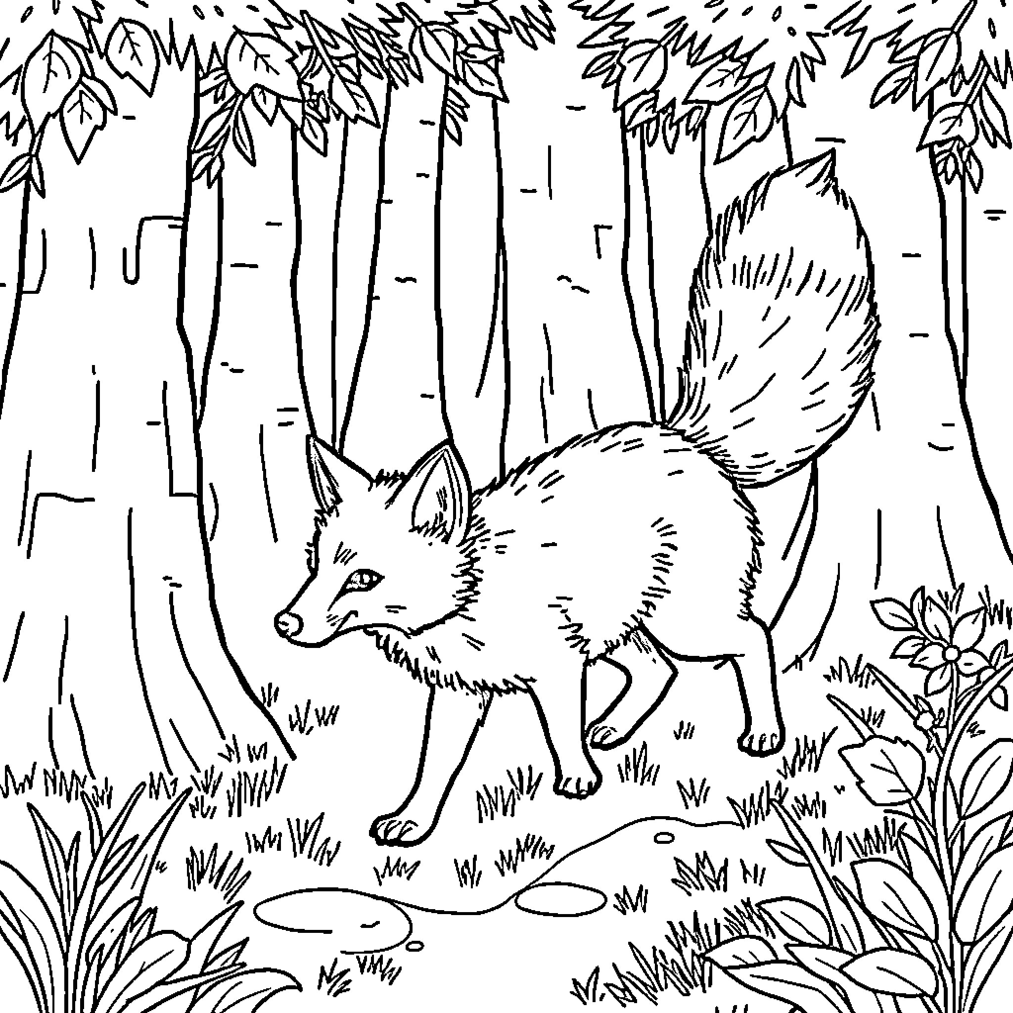Fox exploring the woodland surroundings Coloring Page (free black-and-white line drawing printable PDF for all, from beginners to advanced learners, including children, teens, adults, and seniors)