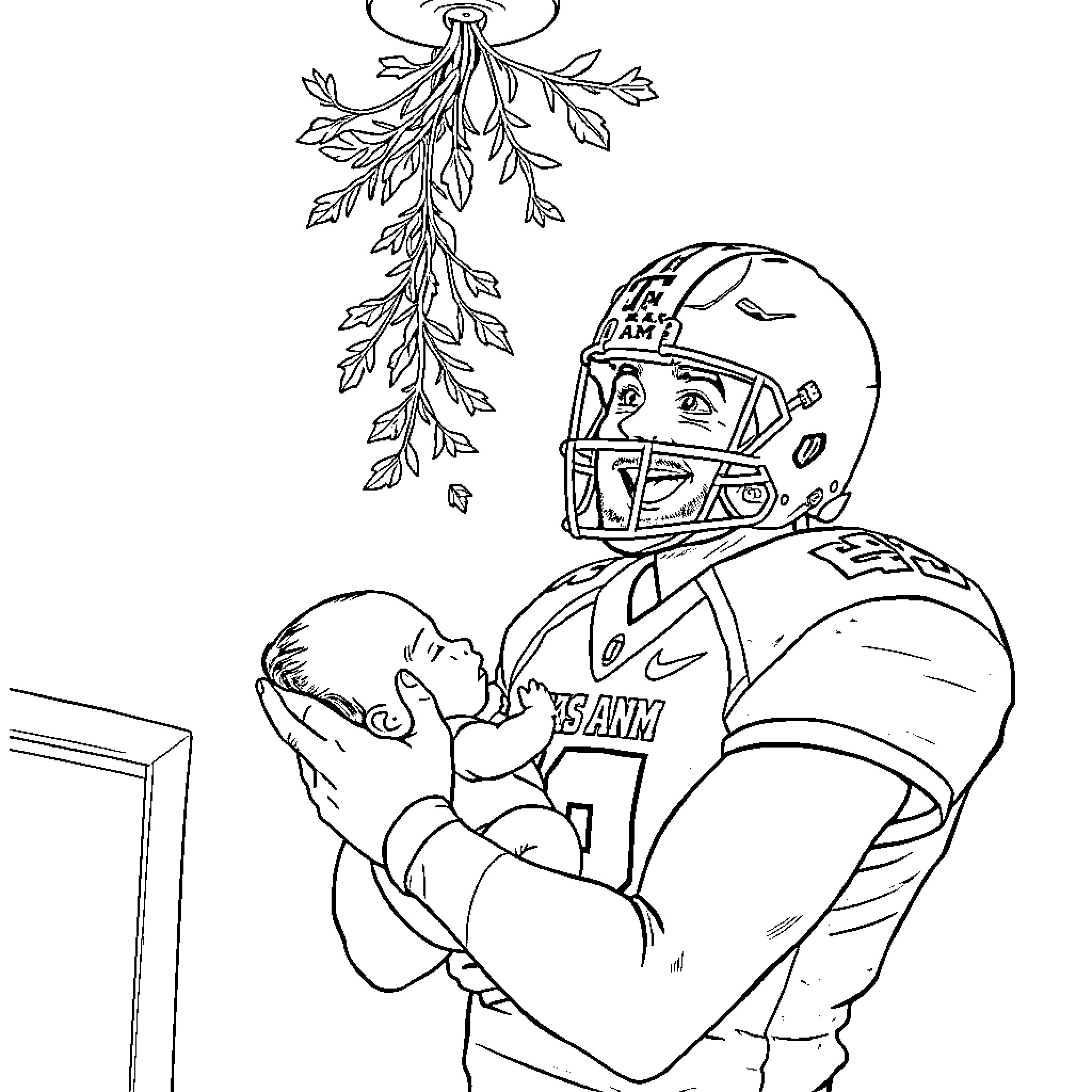 Football Player Embracing Infant in Emotional Moment Coloring Page (free black-and-white line drawing printable PDF for all, from beginners to advanced learners, including children, teens, adults, and seniors)