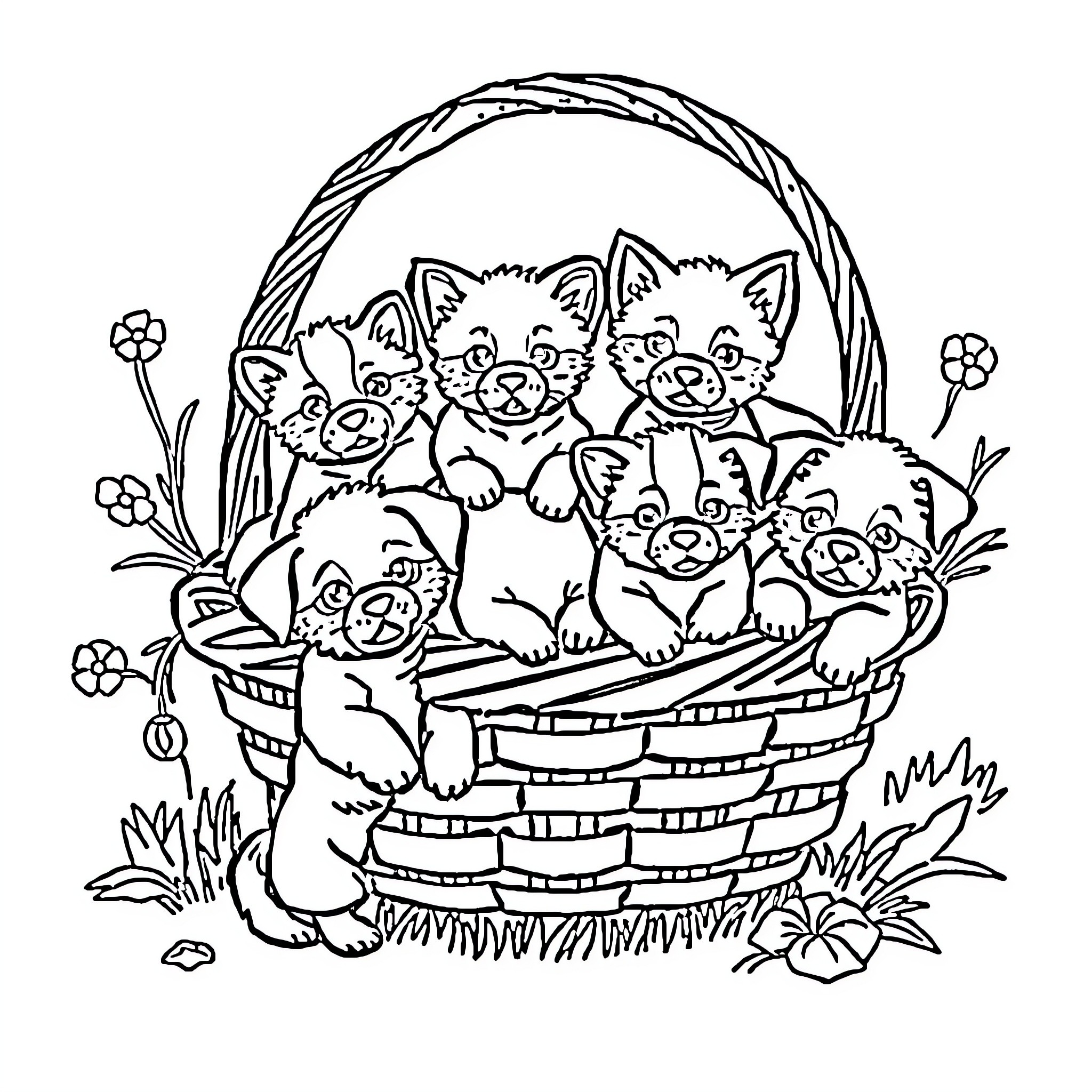 Basket full of adorable kittens Coloring Page (free black-and-white line drawing printable PDF for all, from beginners to advanced learners, including children, teens, adults, and seniors)