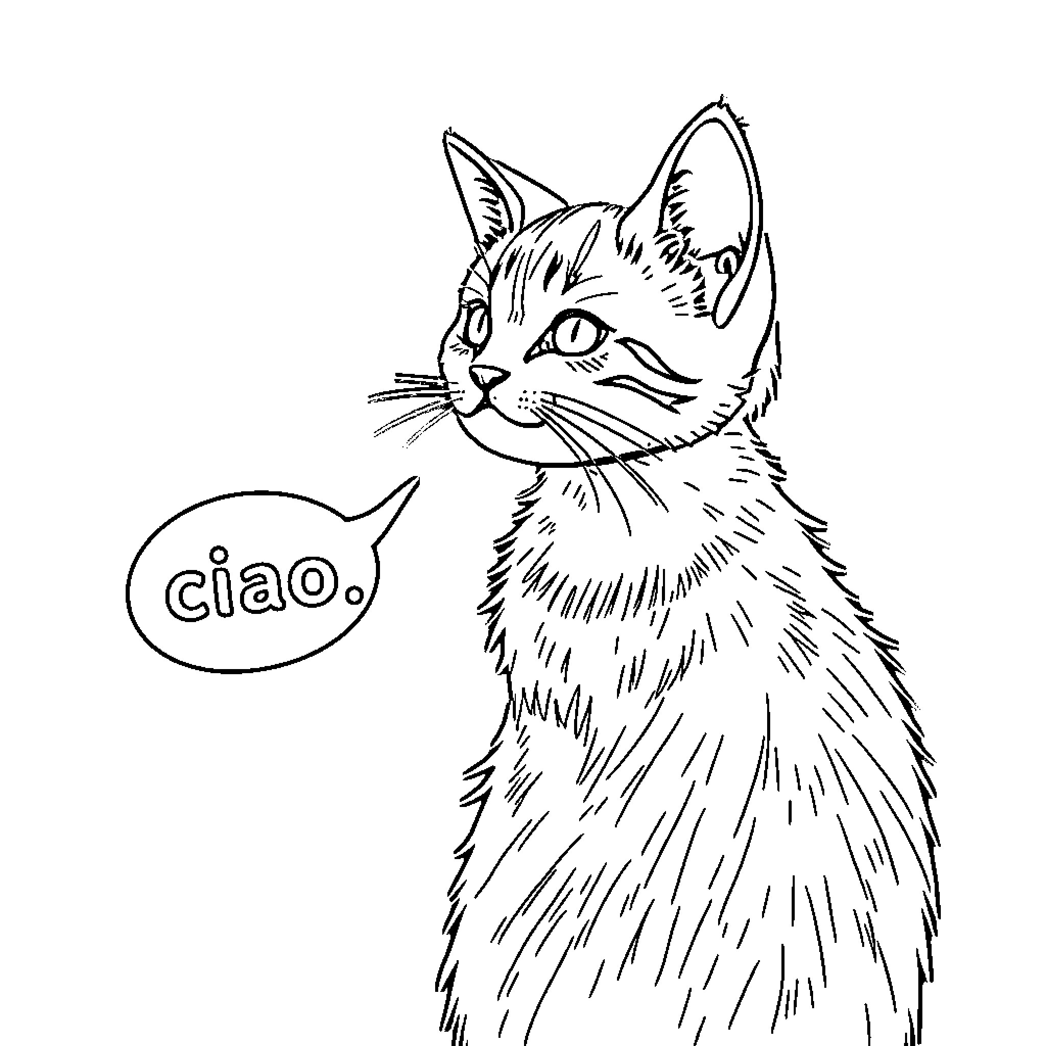 Cat saying 'Ciao' Coloring Page (free black-and-white line drawing printable PDF for all, from beginners to advanced learners, including children, teens, adults, and seniors)
