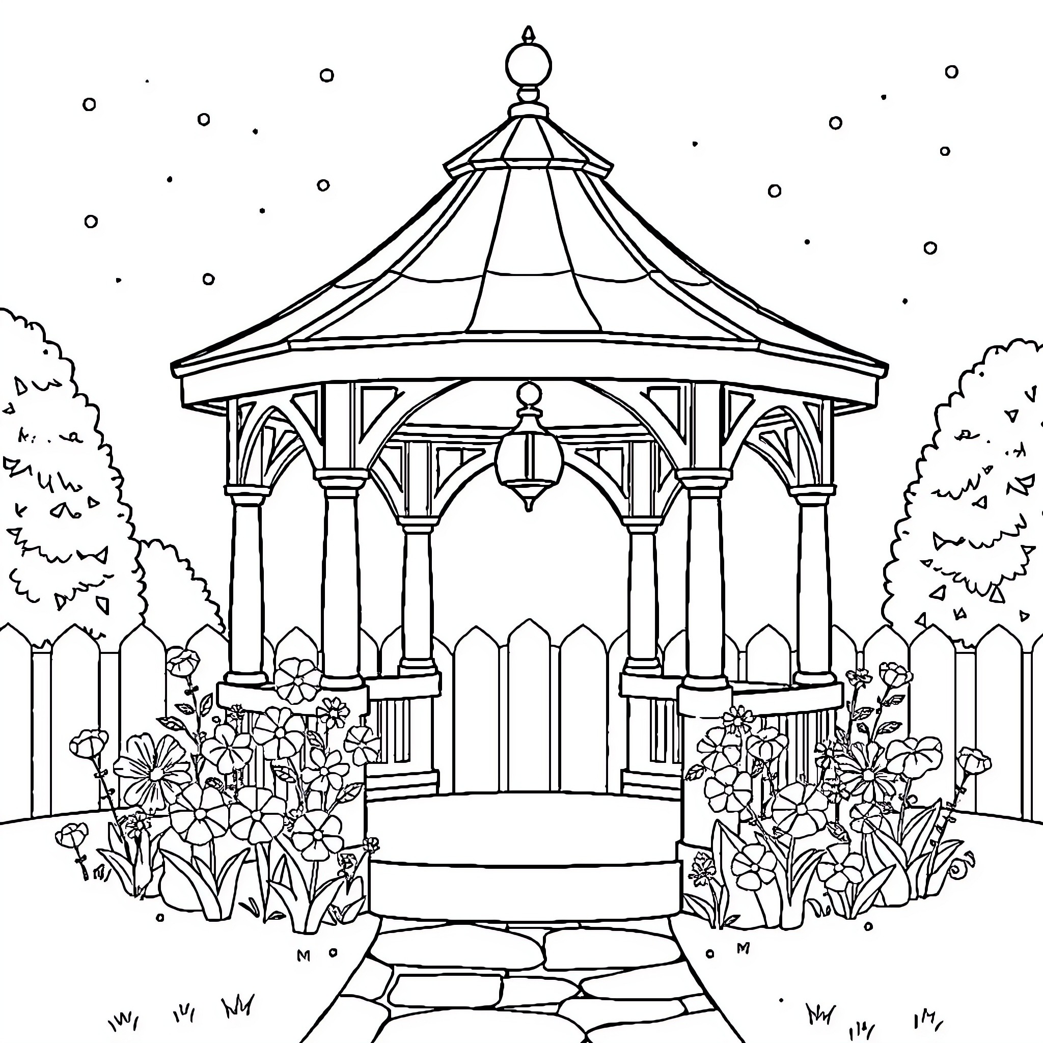 Gazebo amidst a serene garden landscape Coloring Page (free black-and-white line drawing printable PDF for all, from beginners to advanced learners, including children, teens, adults, and seniors)