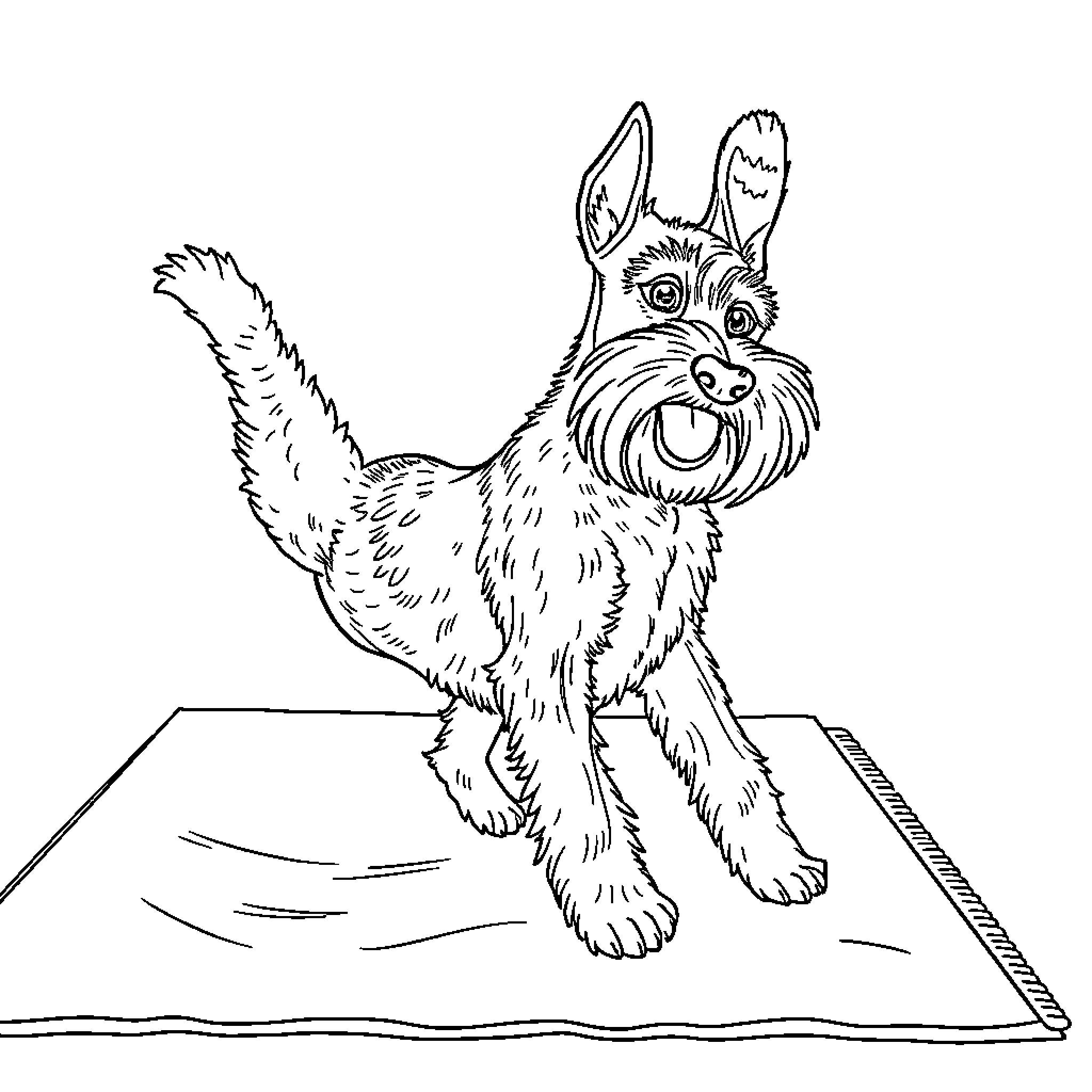 Schnauzer dog happily playing on a cushion Coloring Page (free black-and-white line drawing printable PDF for all, from beginners to advanced learners, including children, teens, adults, and seniors)