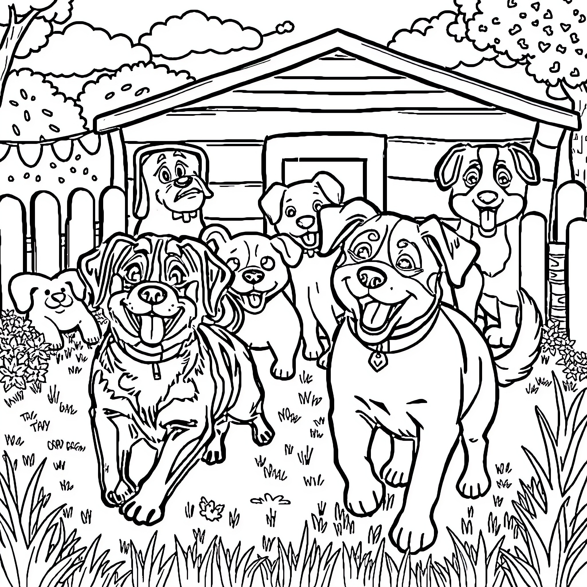 Dog friends playing happily in the yard Coloring Page (free black-and-white line drawing printable PDF for all, from beginners to advanced learners, including children, teens, adults, and seniors)