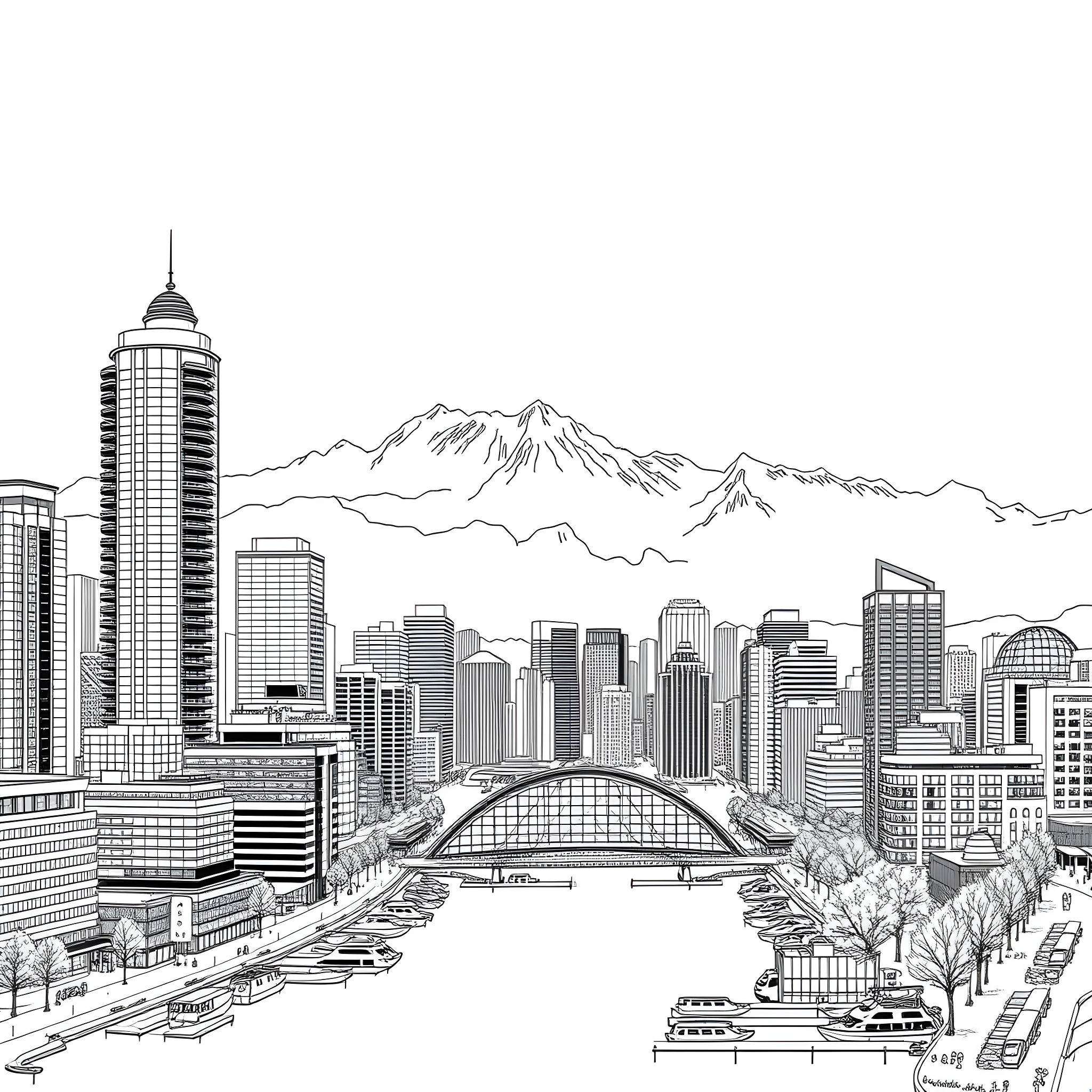 Vancouver skyline with mountains and river Coloring Page (free black-and-white line drawing printable PDF for all, from beginners to advanced learners, including children, teens, adults, and seniors)