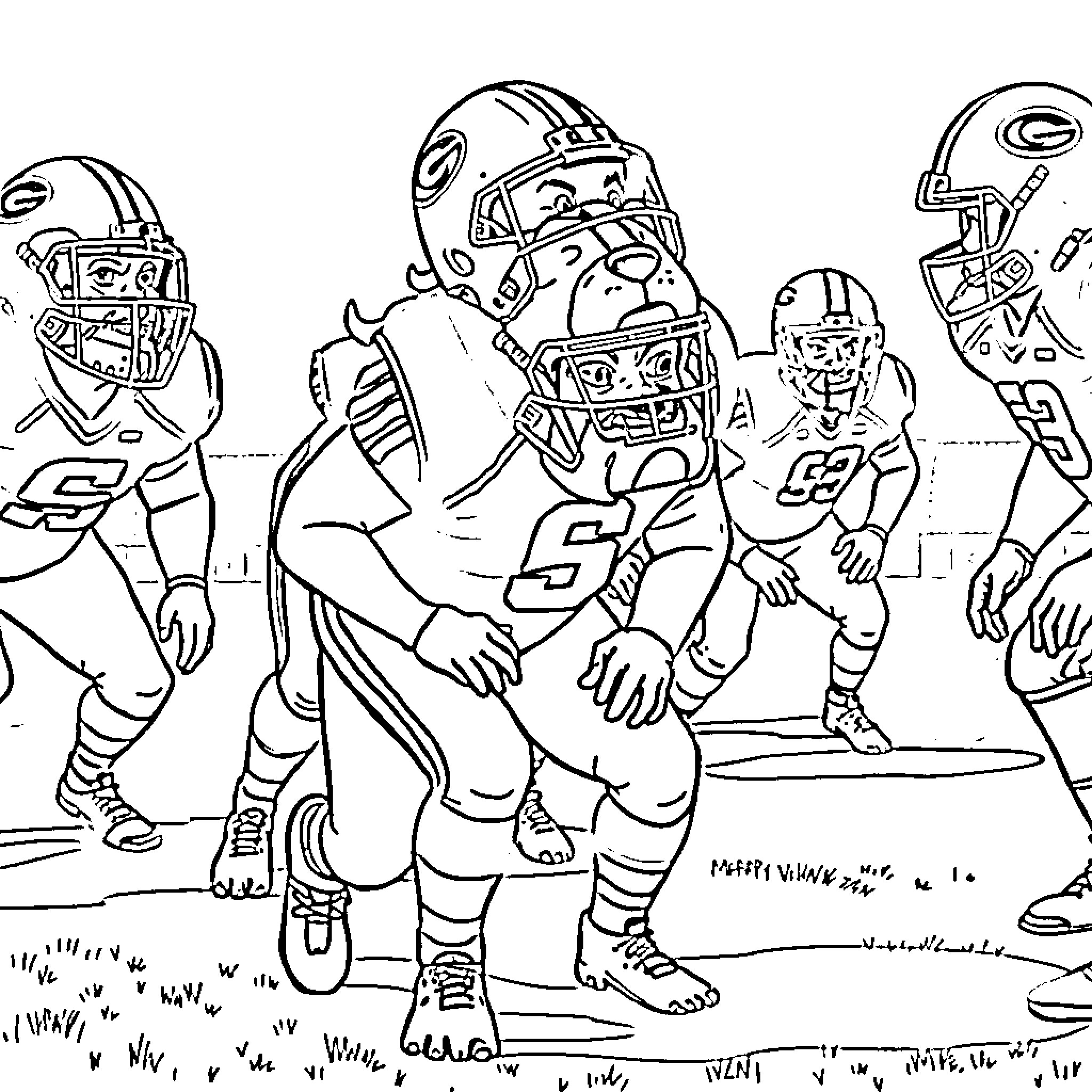 Bulldogs Engaged in Intense Football Game Coloring Page (free black-and-white line drawing printable PDF for all, from beginners to advanced learners, including children, teens, adults, and seniors)