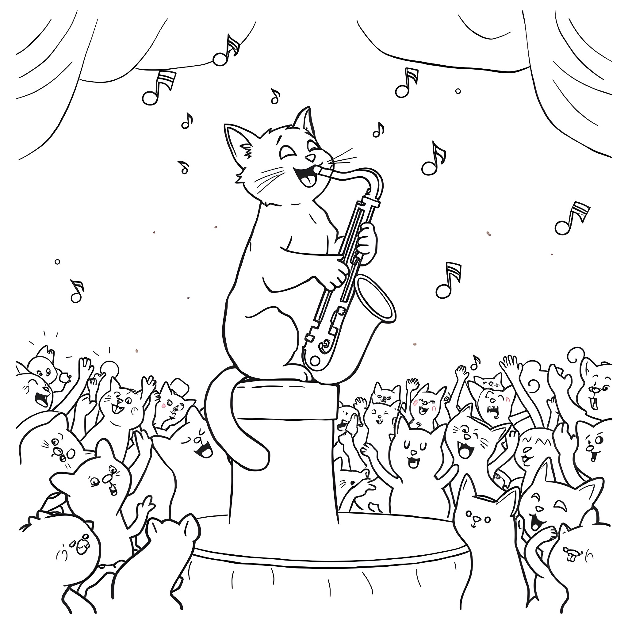Cat playing saxophone in lively concert Coloring Page (free black-and-white line drawing printable PDF for all, from beginners to advanced learners, including children, teens, adults, and seniors)