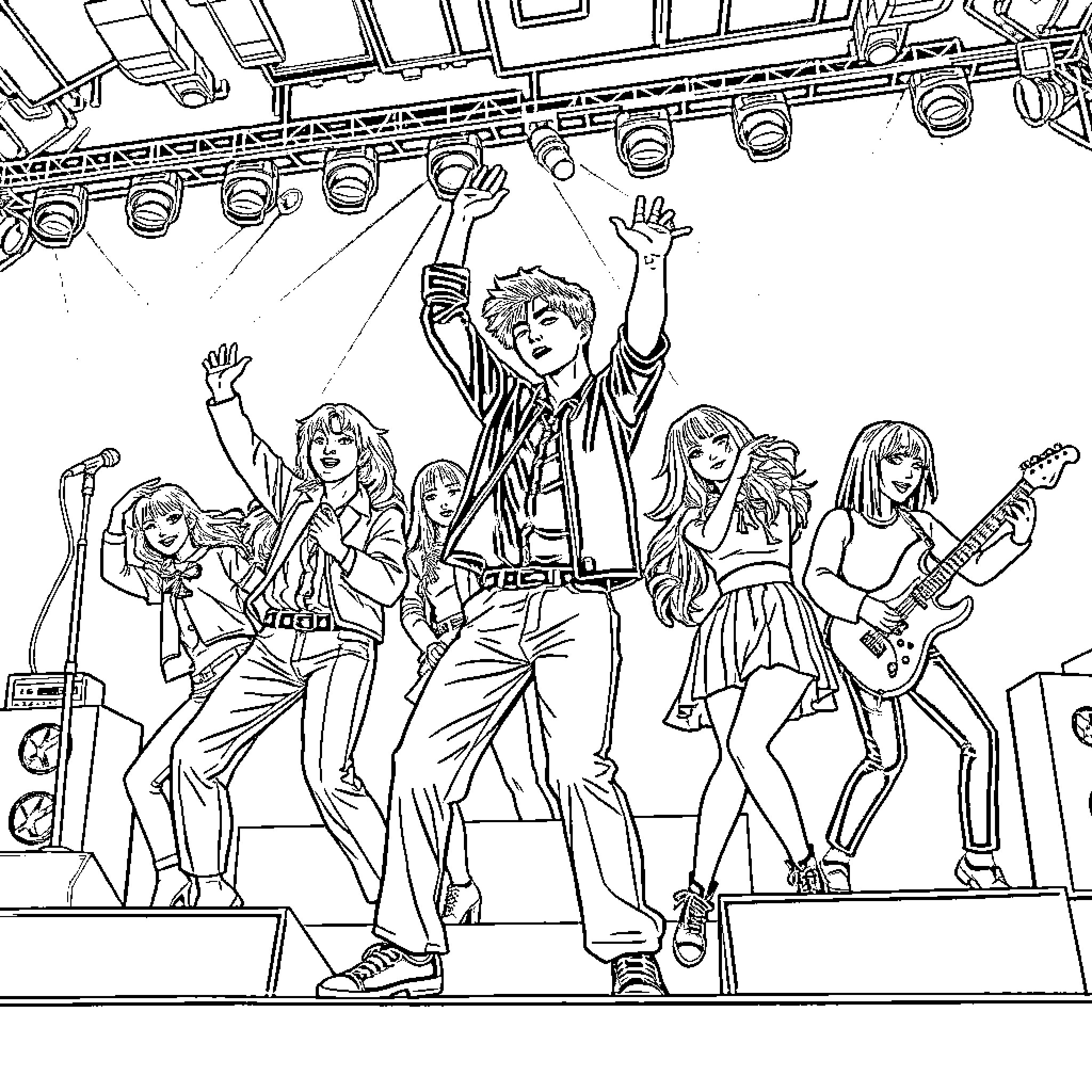 Kpop band performing energetic stage show Coloring Page (free black-and-white line drawing printable PDF for all, from beginners to advanced learners, including children, teens, adults, and seniors)