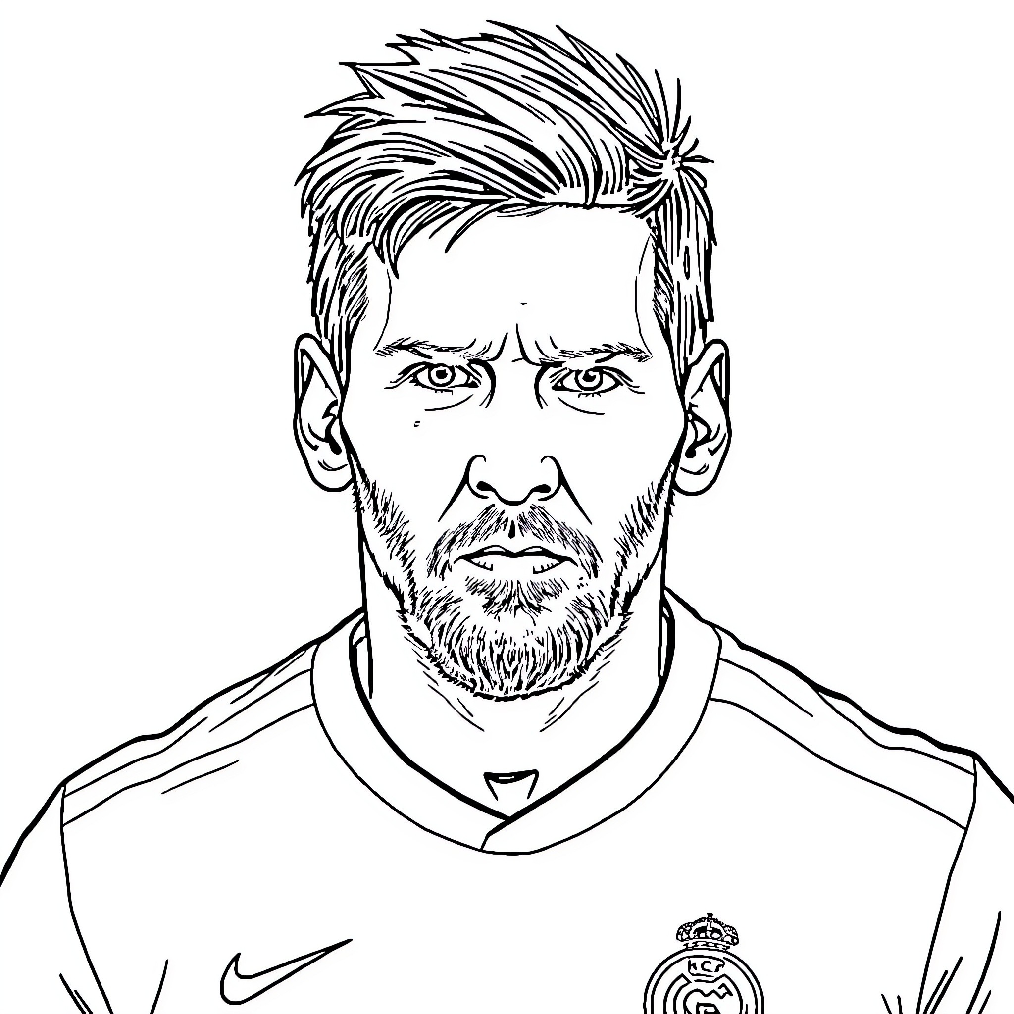 Messi in Soccer Uniform Focused Gaze Coloring Page (free black-and-white line drawing printable PDF for all, from beginners to advanced learners, including children, teens, adults, and seniors)