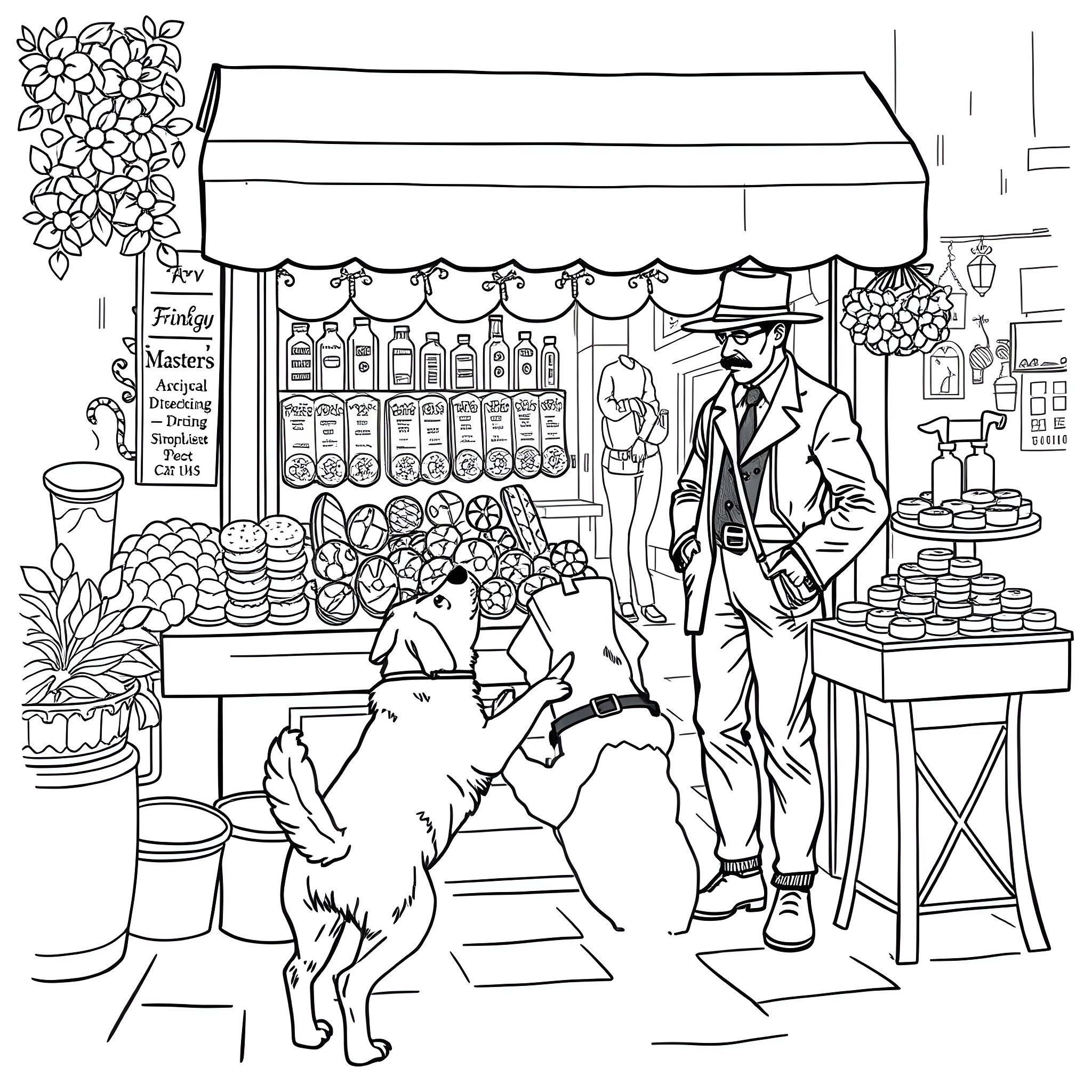 Dog exploring a bustling market stall Coloring Page (free black-and-white line drawing printable PDF for all, from beginners to advanced learners, including children, teens, adults, and seniors)