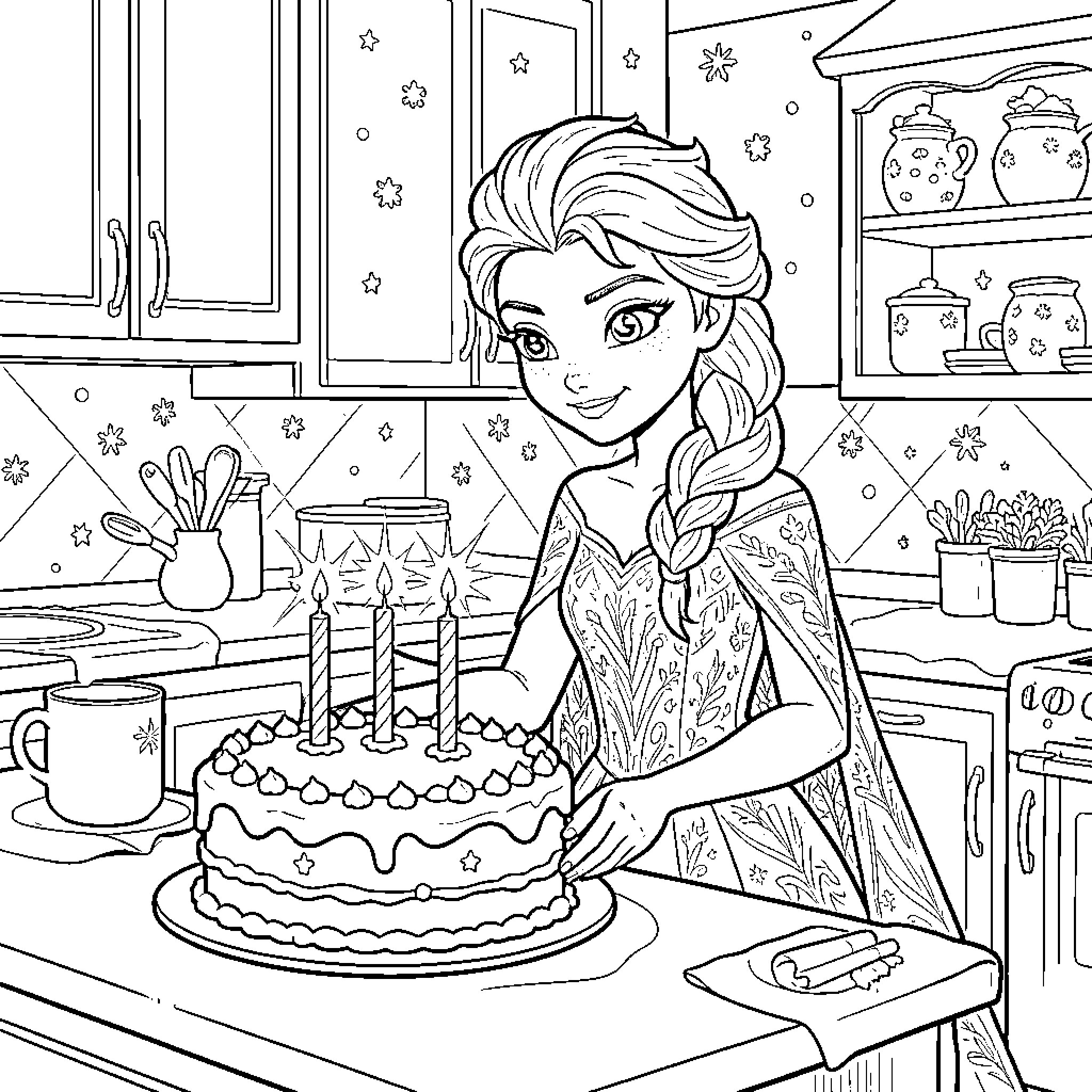 Elsa smiling while preparing a birthday cake in a kitchen Coloring Page (free black-and-white line drawing printable PDF for all, from beginners to advanced learners, including children, teens, adults, and seniors)
