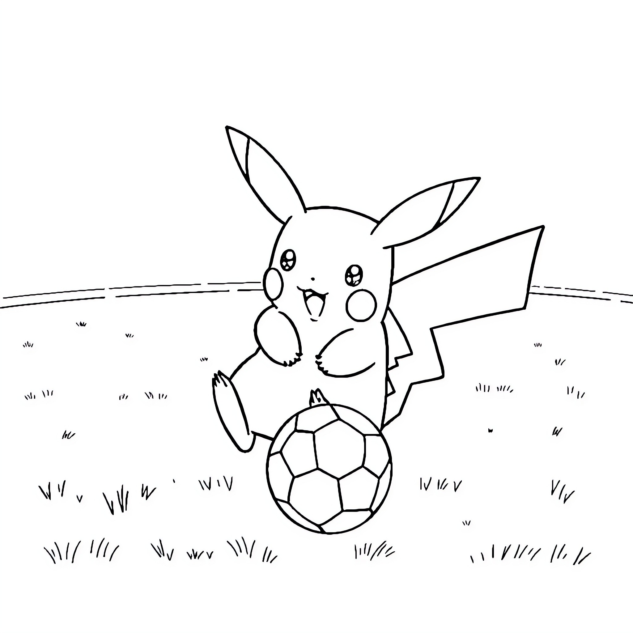 Pikachu playing with soccer ball on grassy field Coloring Page (free black-and-white line drawing printable PDF for all, from beginners to advanced learners, including children, teens, adults, and seniors)
