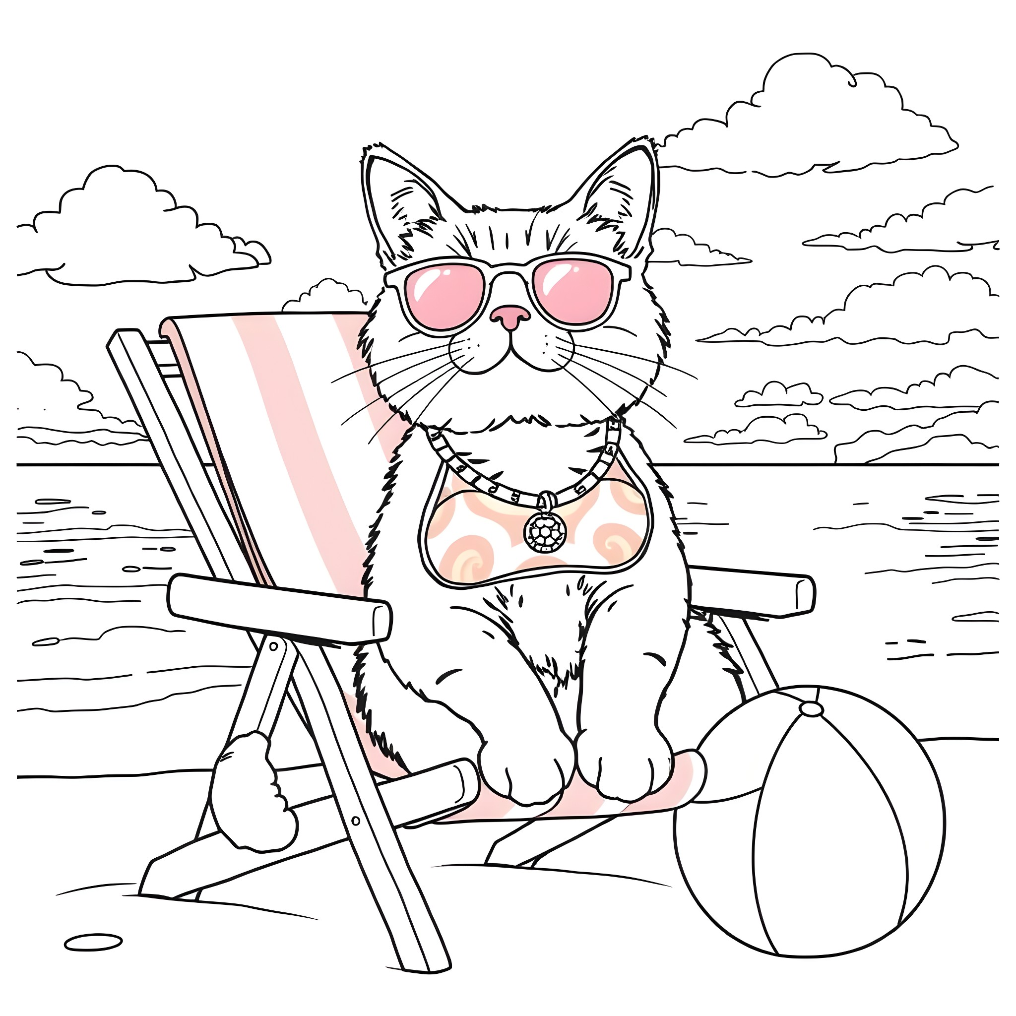 Cat relaxing on the beach with sunglasses Coloring Page (free black-and-white line drawing printable PDF for all, from beginners to advanced learners, including children, teens, adults, and seniors)