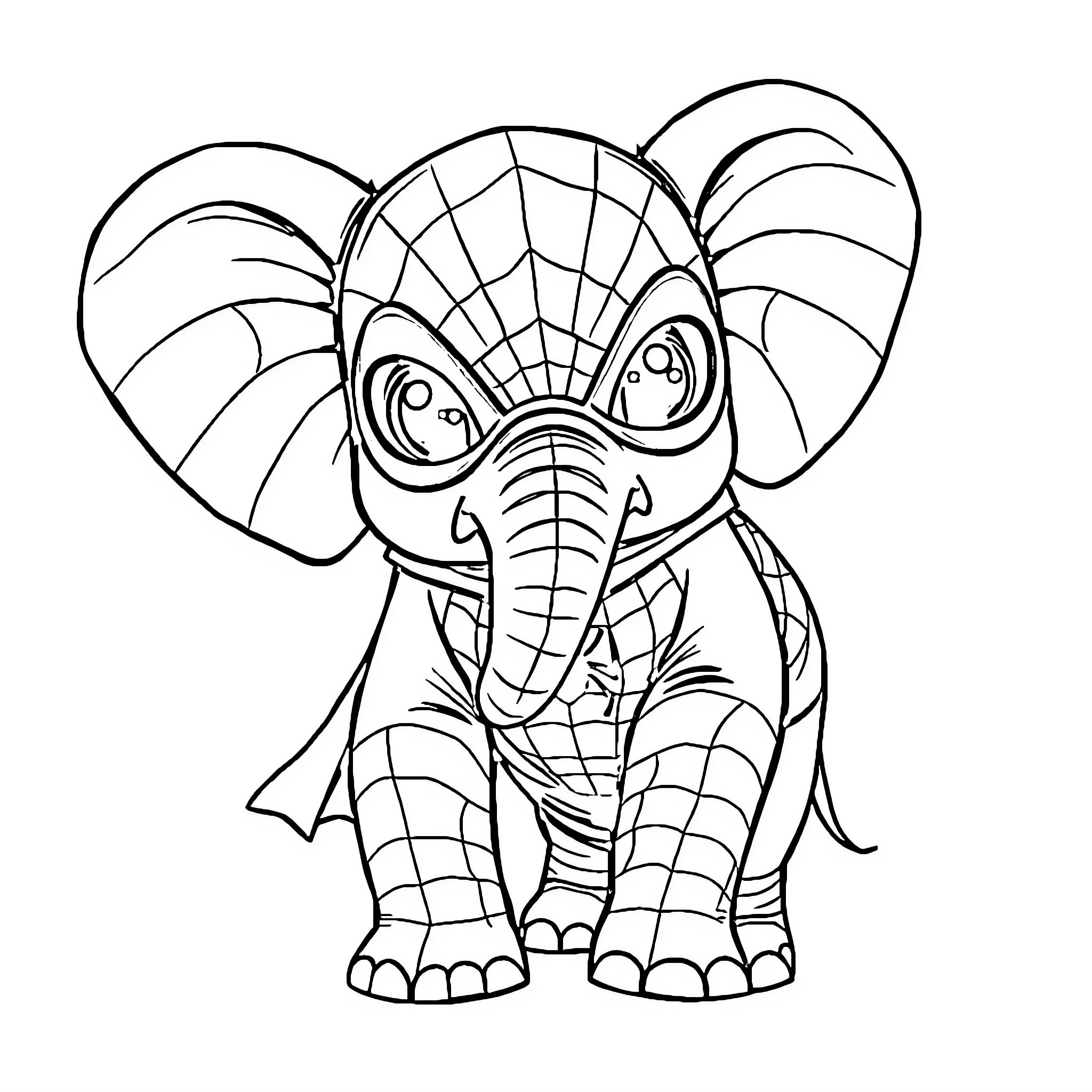 Spider-Man Elephant in Superhero Costume Coloring Page (free black-and-white line drawing printable PDF for all, from beginners to advanced learners, including children, teens, adults, and seniors)