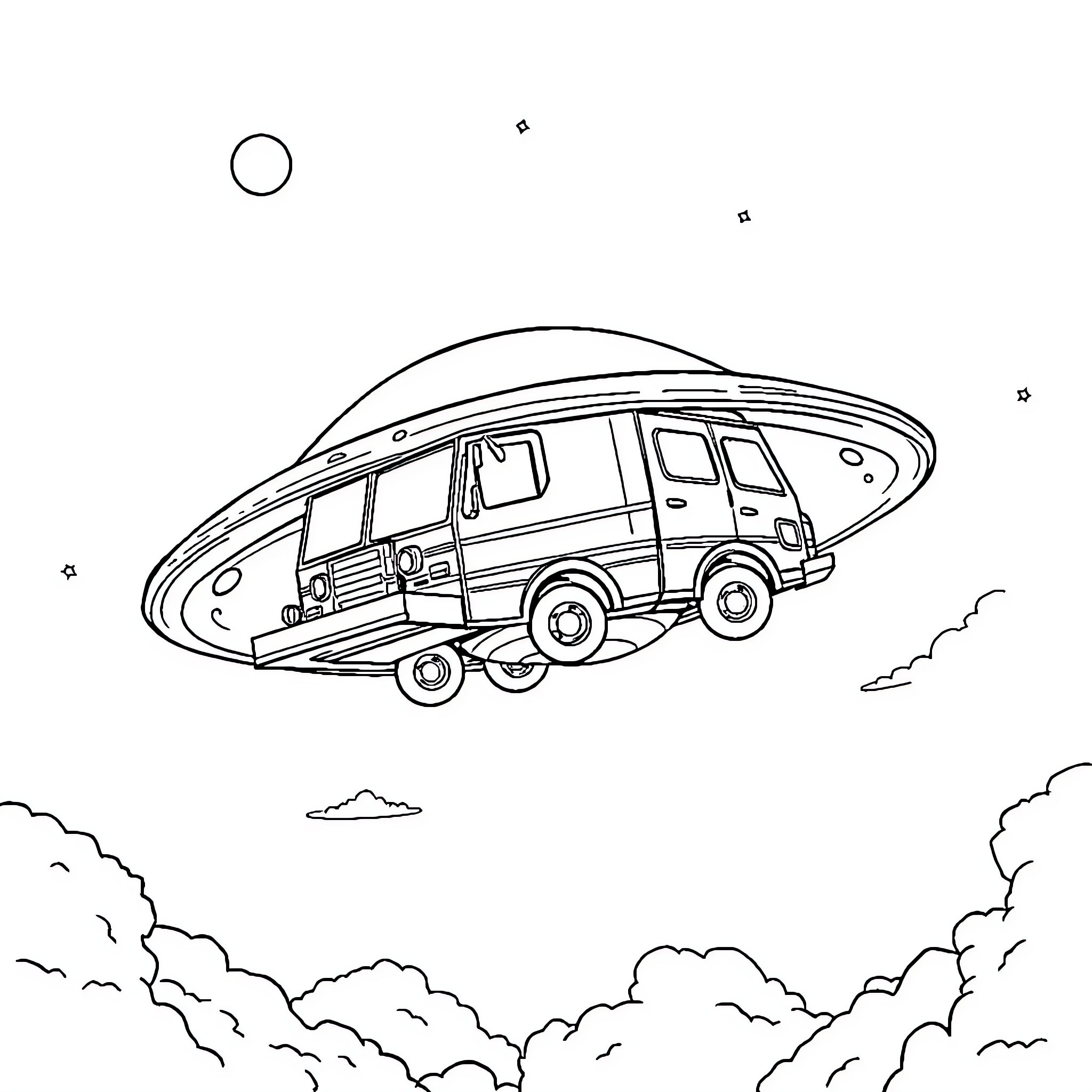 UFO hovering over recreational vehicle in the sky Coloring Page (free black-and-white line drawing printable PDF for all, from beginners to advanced learners, including children, teens, adults, and seniors)