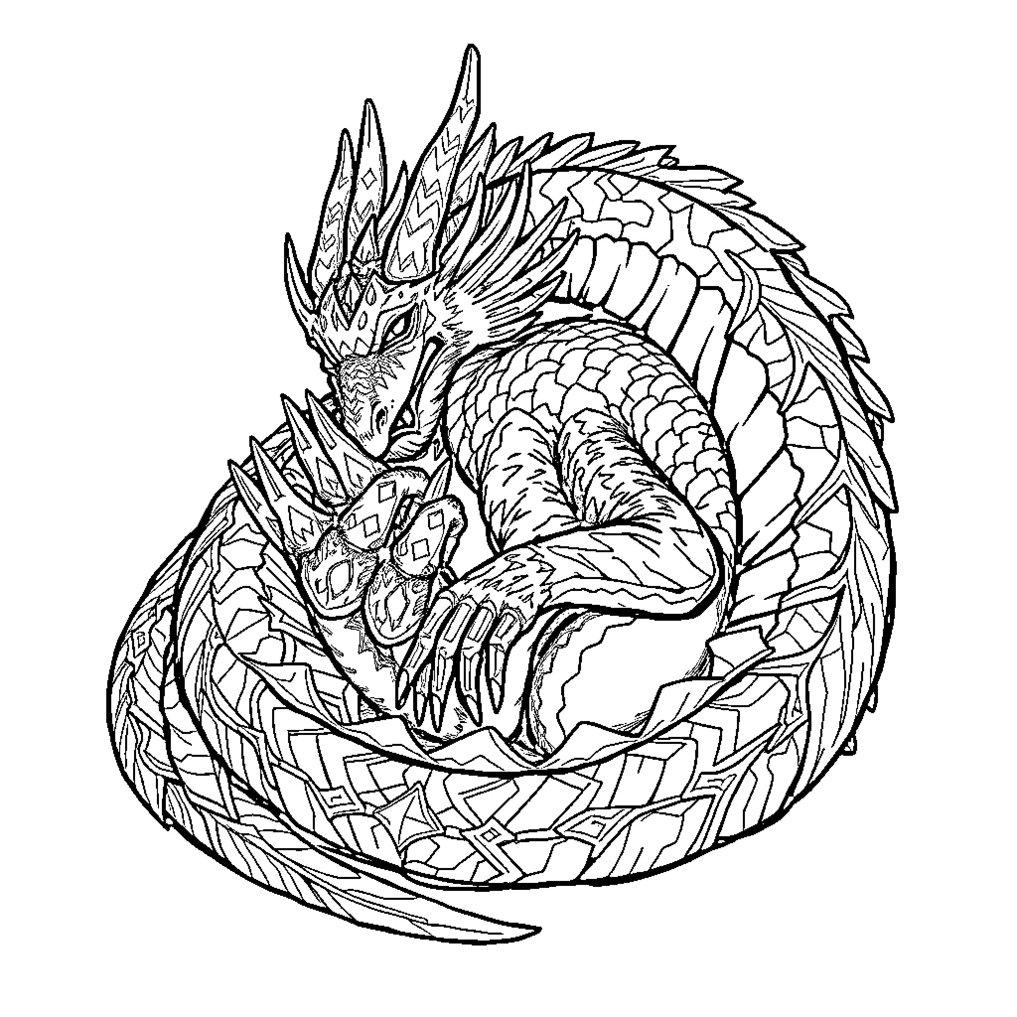 Smaug the Fearsome Dragon Coiled in Repose Coloring Page (free black-and-white line drawing printable PDF for all, from beginners to advanced learners, including children, teens, adults, and seniors)