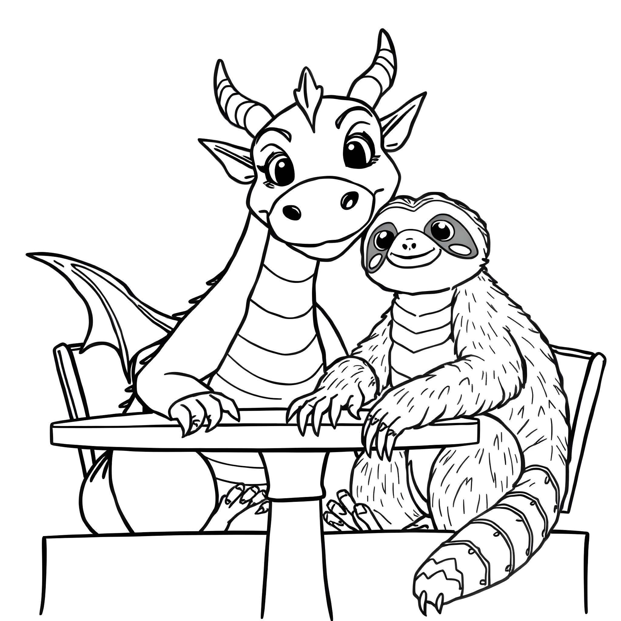 Dragon and Sloth Sitting Together Happily Coloring Page (free black-and-white line drawing printable PDF for all, from beginners to advanced learners, including children, teens, adults, and seniors)