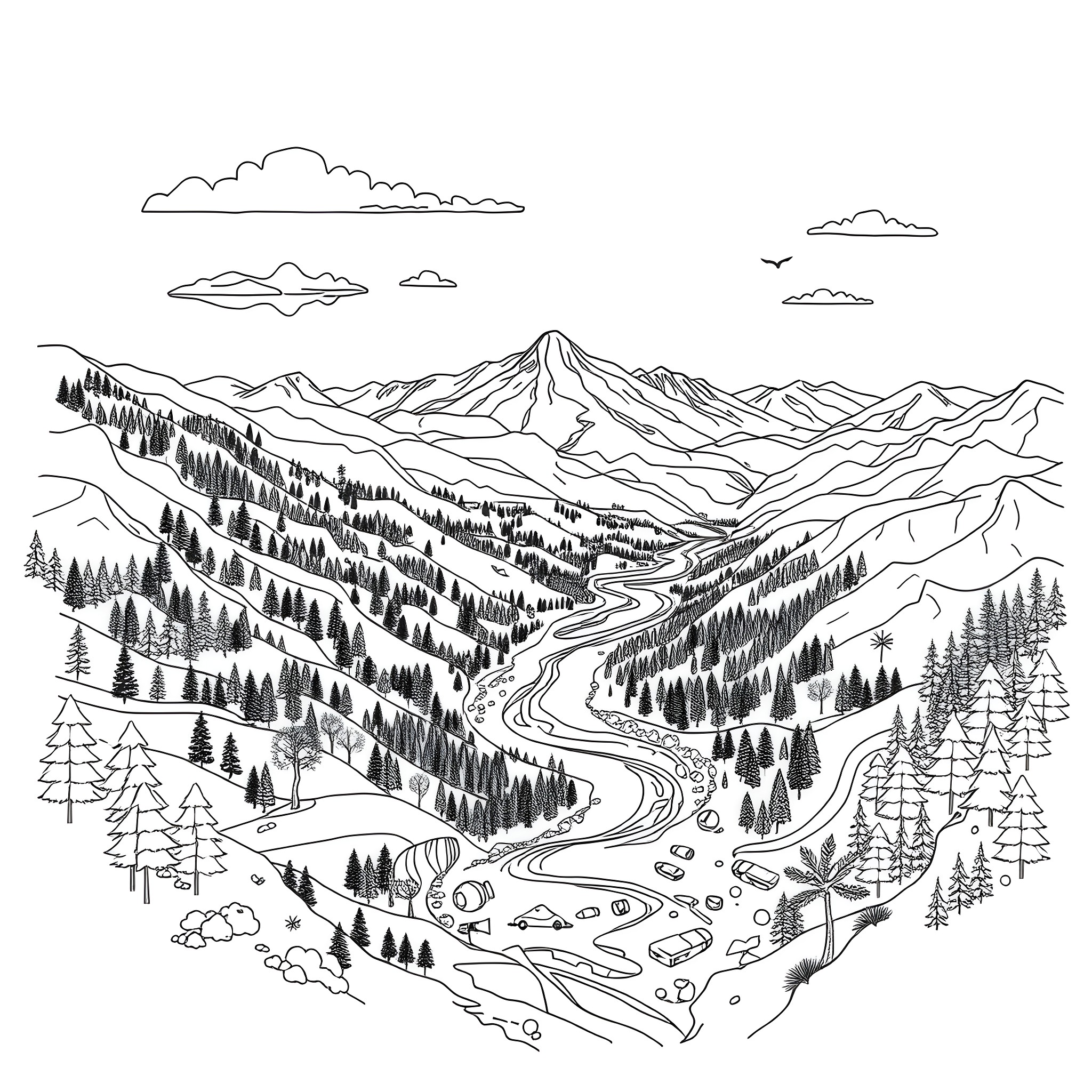 Image of a mountainous landscape with a winding river Coloring Page (free black-and-white line drawing printable PDF for all, from beginners to advanced learners, including children, teens, adults, and seniors)