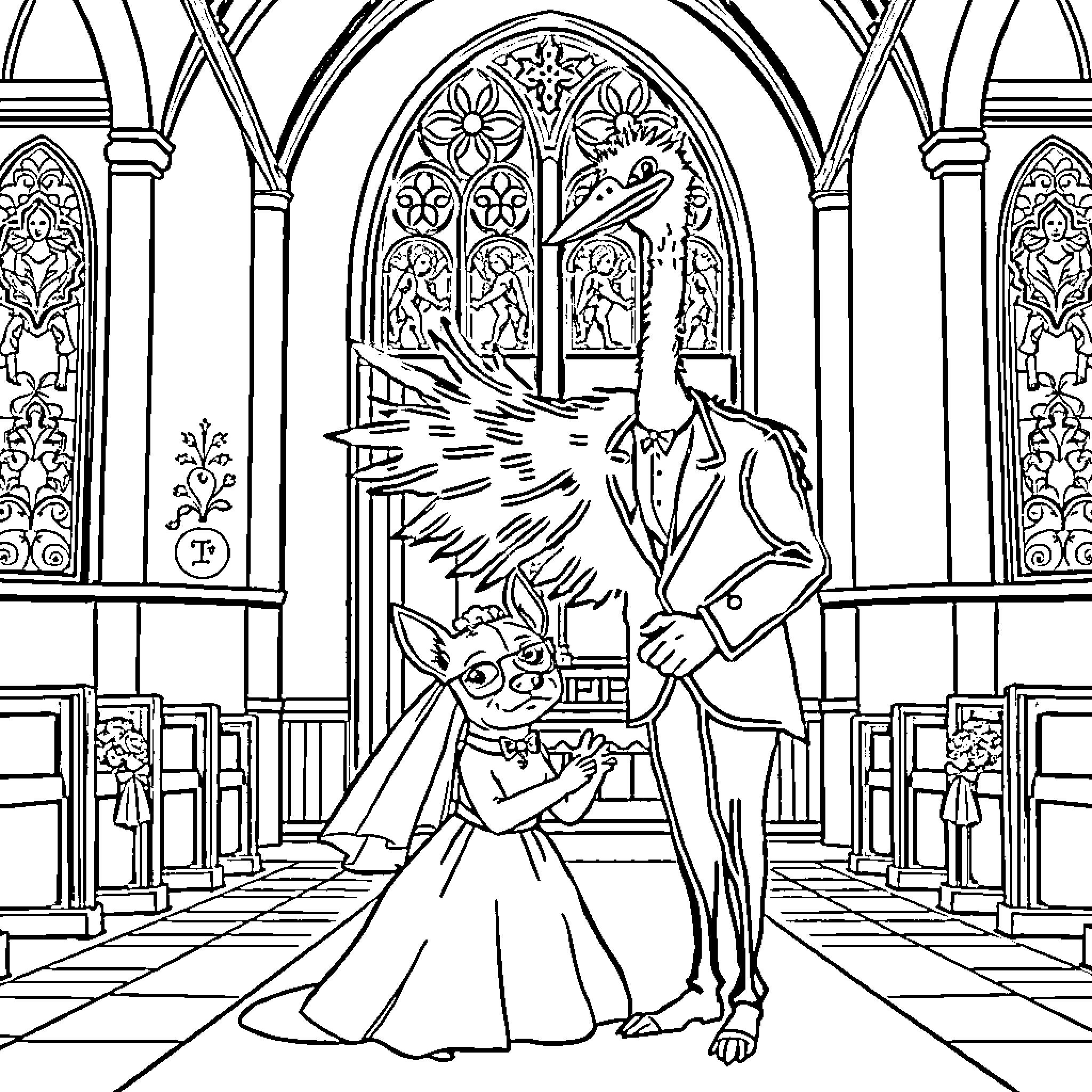Ostrich couple in elegant attire at wedding ceremony Coloring Page (free black-and-white line drawing printable PDF for all, from beginners to advanced learners, including children, teens, adults, and seniors)
