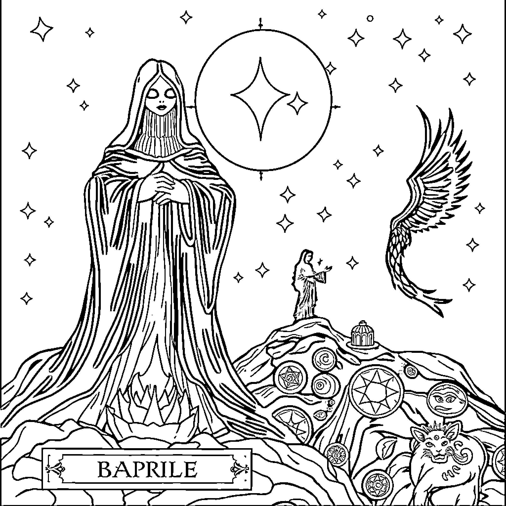 Tarot: Celestial Divination and Symbolic Imagery Coloring Page (free black-and-white line drawing printable PDF for all, from beginners to advanced learners, including children, teens, adults, and seniors)