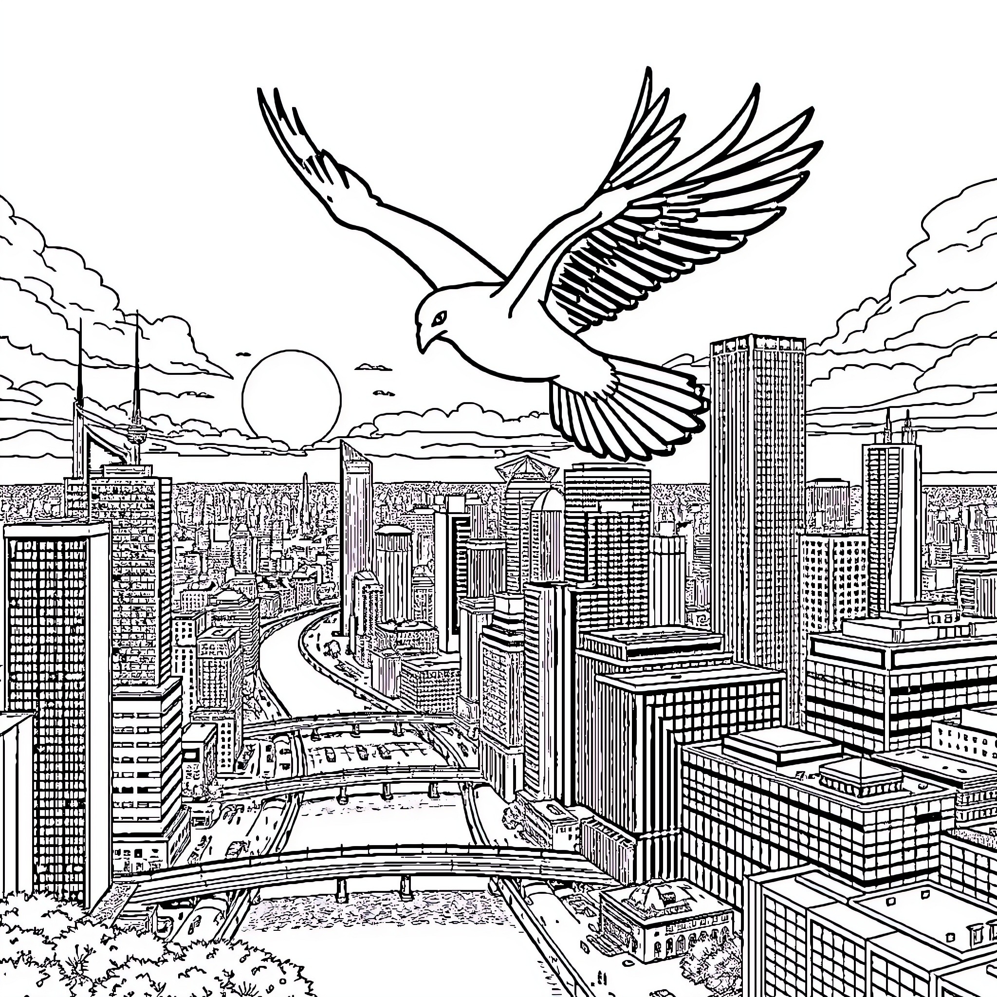 Karomi's Soaring City Adventure Coloring Page (free black-and-white line drawing printable PDF for all, from beginners to advanced learners, including children, teens, adults, and seniors)