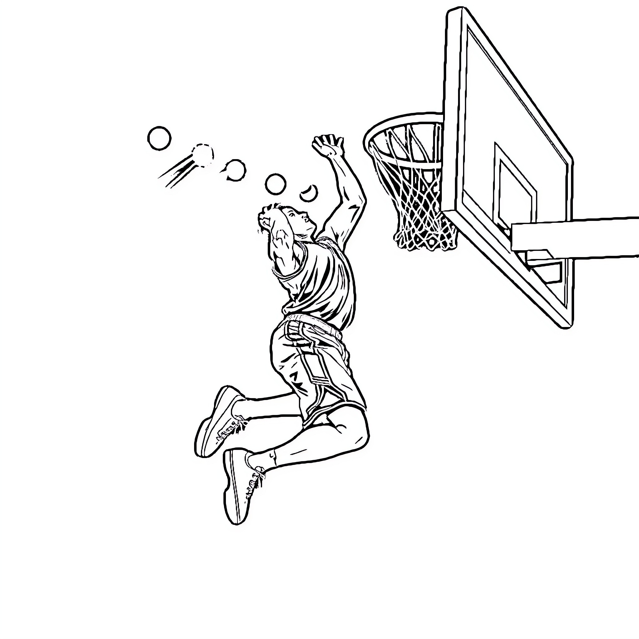 Basketball Player Scoring a Slam Dunk Coloring Page (free black-and-white line drawing printable PDF for all, from beginners to advanced learners, including children, teens, adults, and seniors)