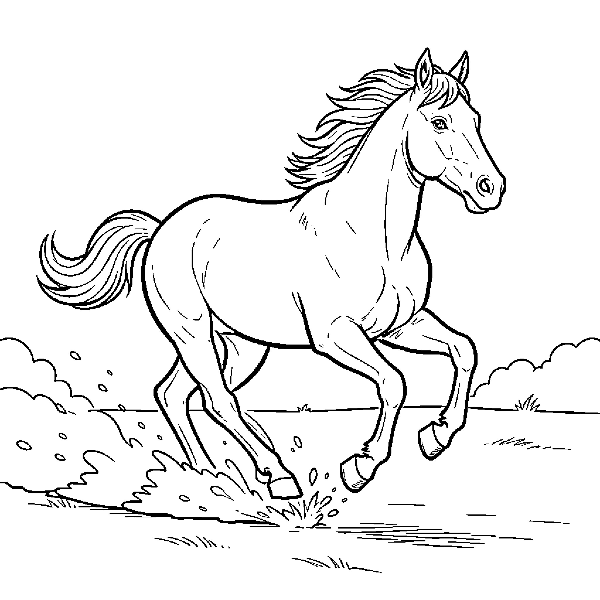 Horse galloping through water in a field Coloring Page (free black-and-white line drawing printable PDF for all, from beginners to advanced learners, including children, teens, adults, and seniors)