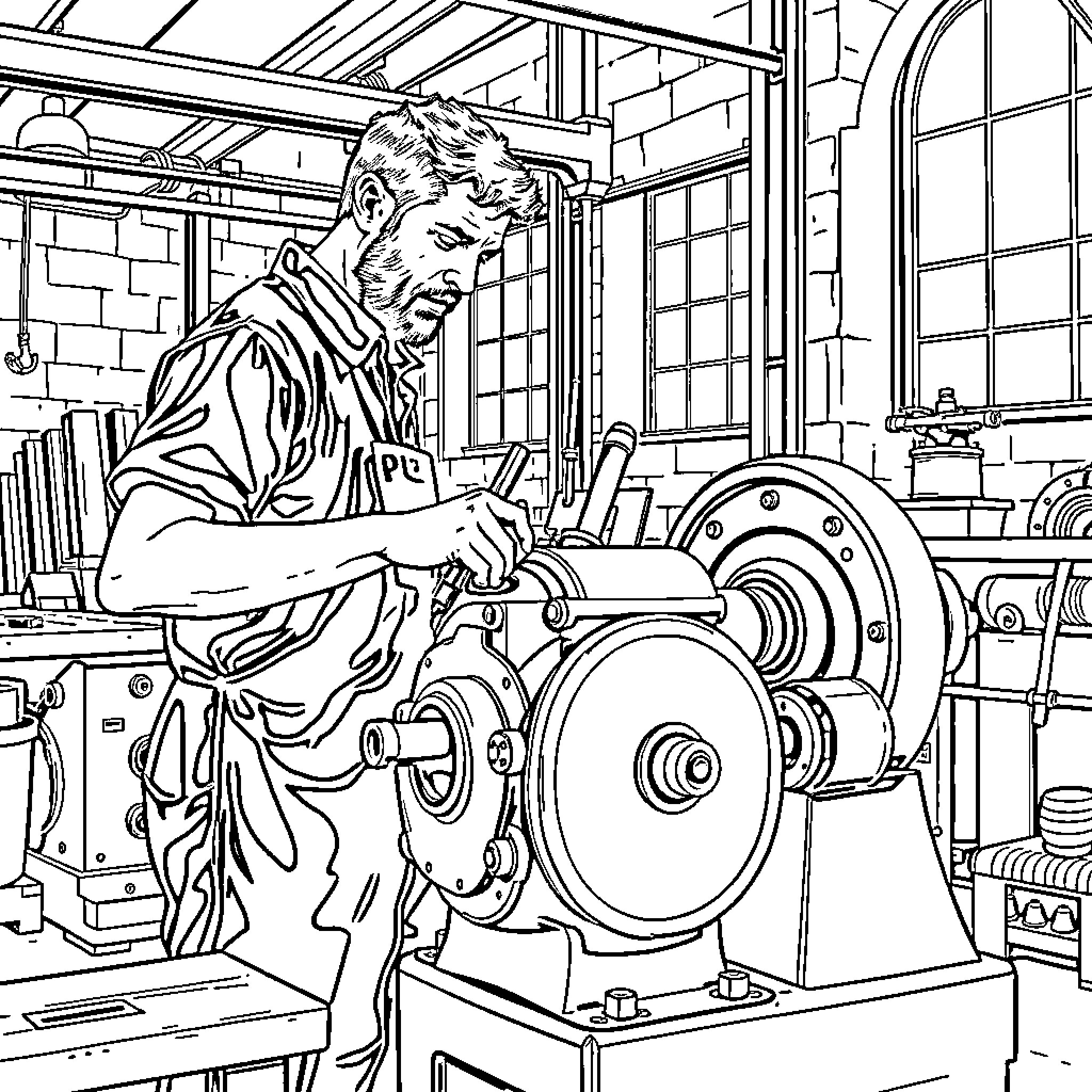 Millwright repairing heavy machinery in industrial workshop Coloring Page (free black-and-white line drawing printable PDF for all, from beginners to advanced learners, including children, teens, adults, and seniors)