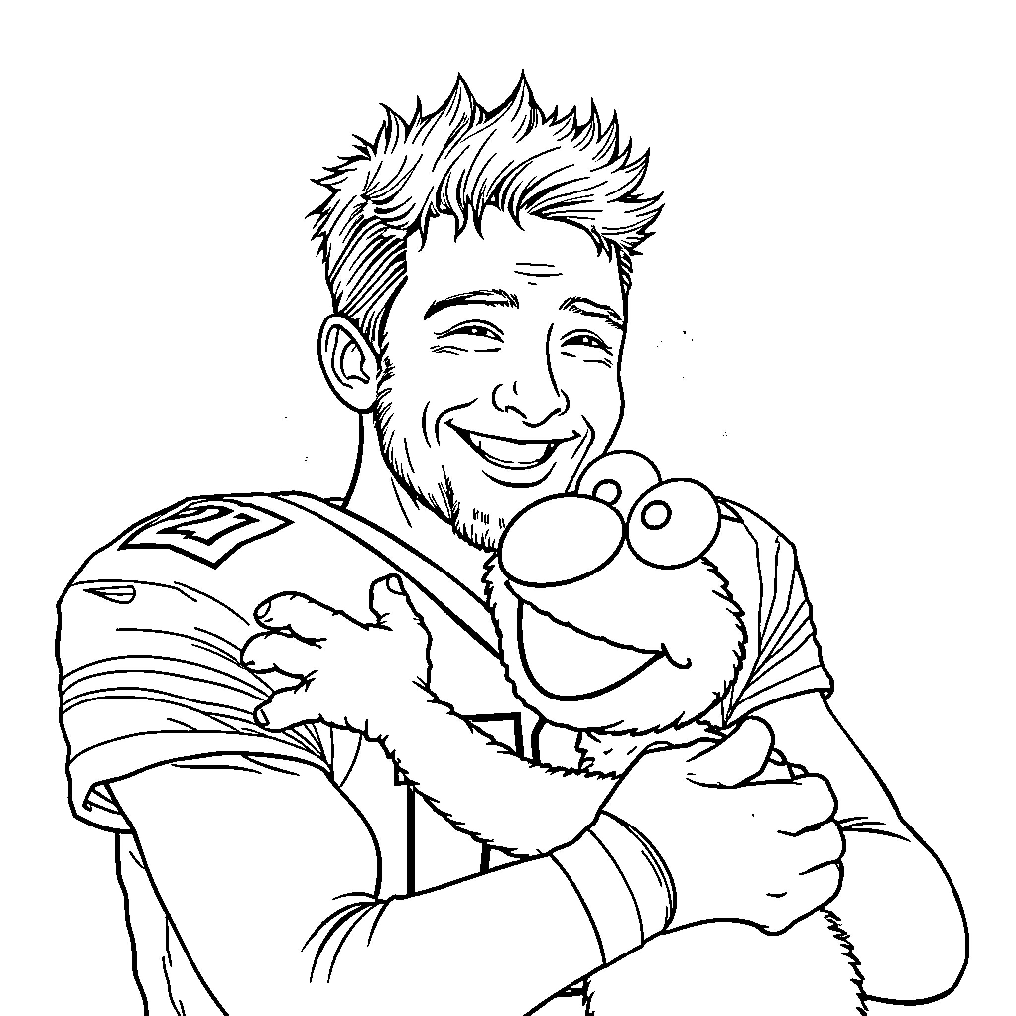 Josh Allen hugging Sesame Street character Coloring Page (free black-and-white line drawing printable PDF for all, from beginners to advanced learners, including children, teens, adults, and seniors)