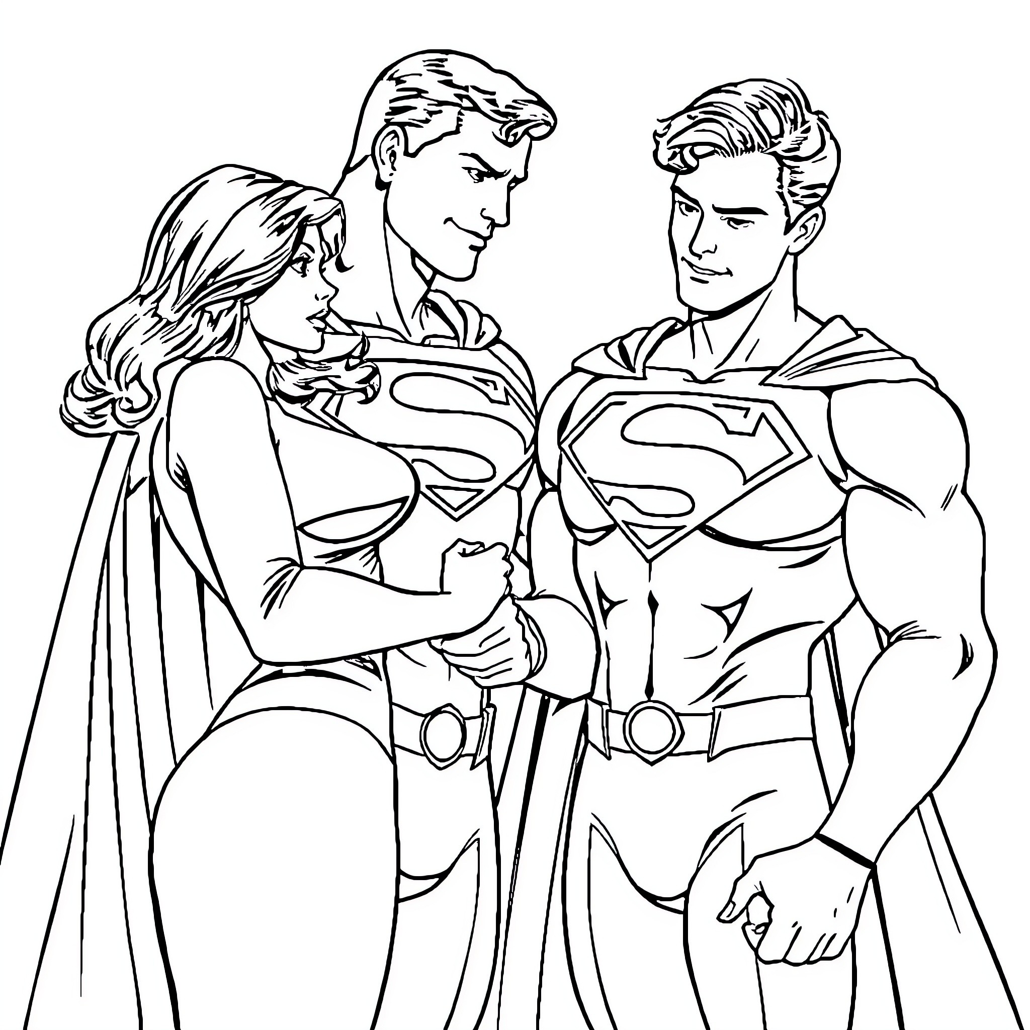 Superman and his companions in heroic poses Coloring Page (free black-and-white line drawing printable PDF for all, from beginners to advanced learners, including children, teens, adults, and seniors)