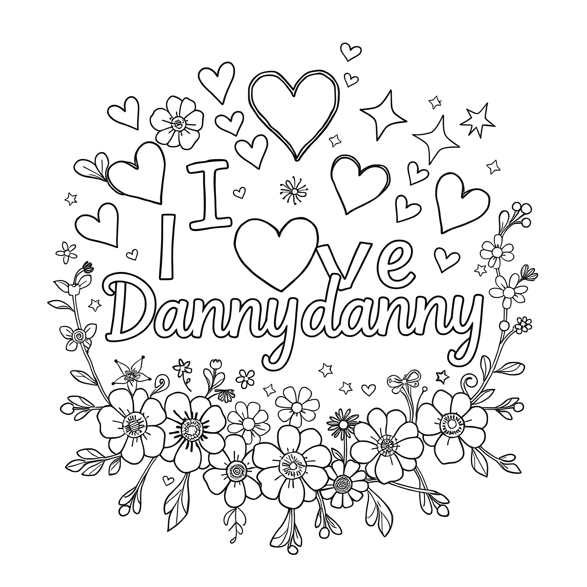 Love and flowers for Danny danny Coloring Page (free black-and-white line drawing printable PDF for all, from beginners to advanced learners, including children, teens, adults, and seniors)