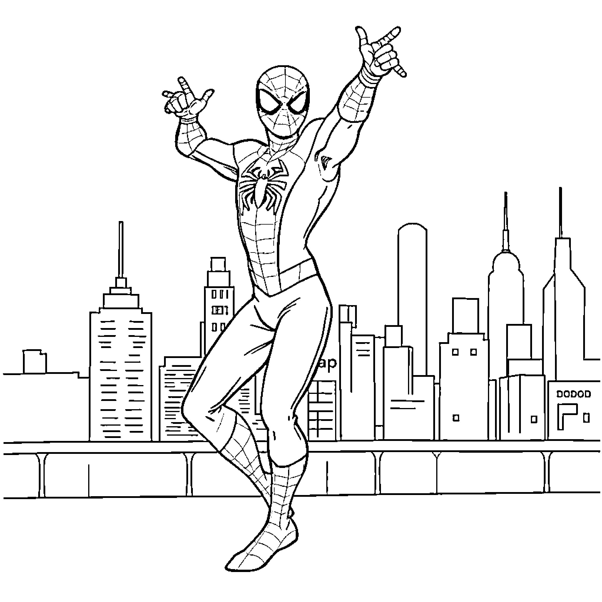 Spider-Man swinging through the city skyline Coloring Page (free black-and-white line drawing printable PDF for all, from beginners to advanced learners, including children, teens, adults, and seniors)