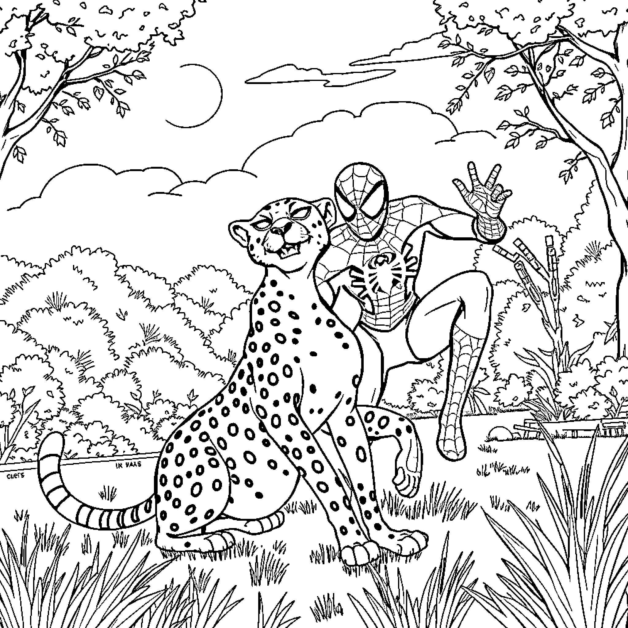 Spiderman battling a spotted feline in the wilderness Coloring Page (free black-and-white line drawing printable PDF for all, from beginners to advanced learners, including children, teens, adults, and seniors)