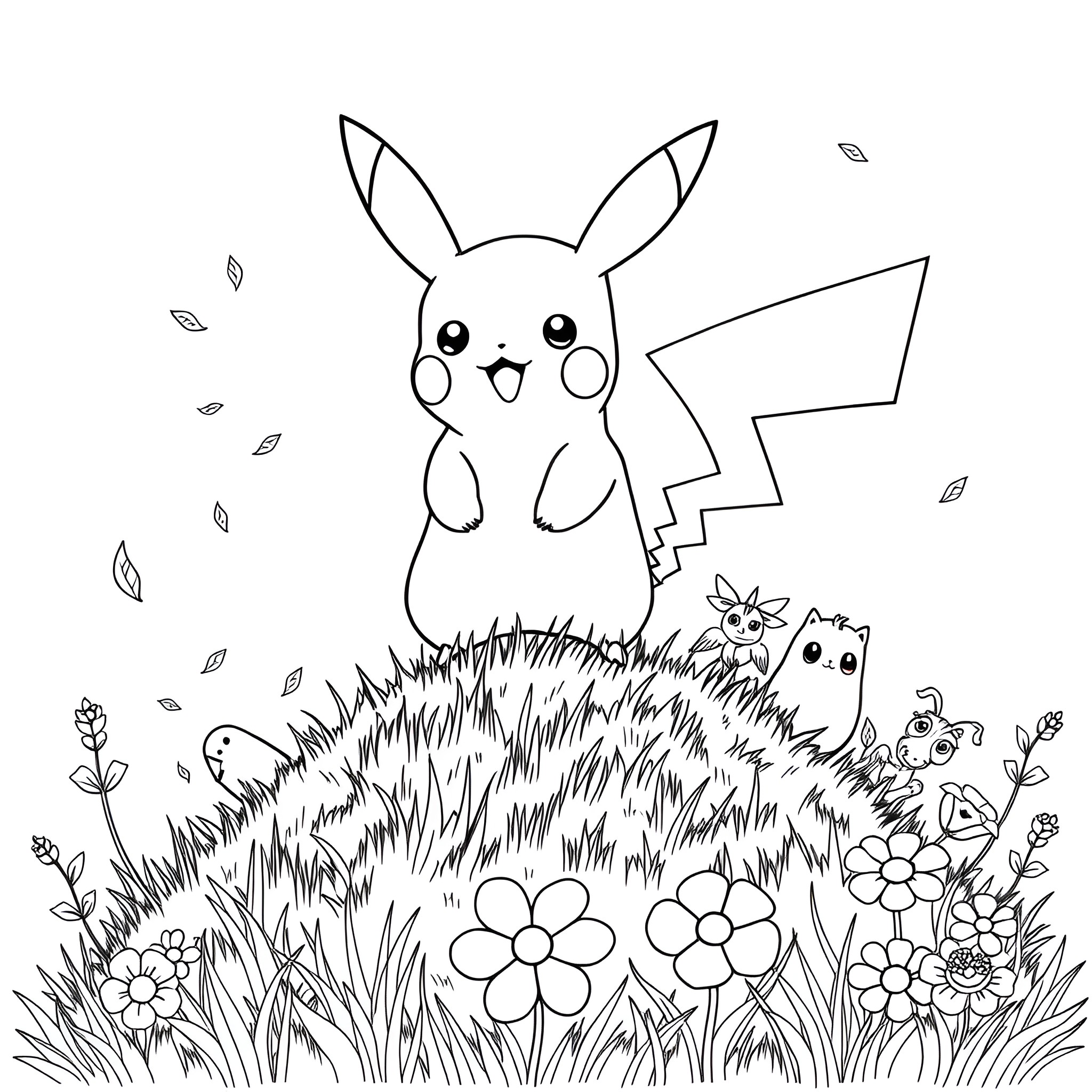 Pikachu playing in the meadow with friends Coloring Page (free black-and-white line drawing printable PDF for all, from beginners to advanced learners, including children, teens, adults, and seniors)