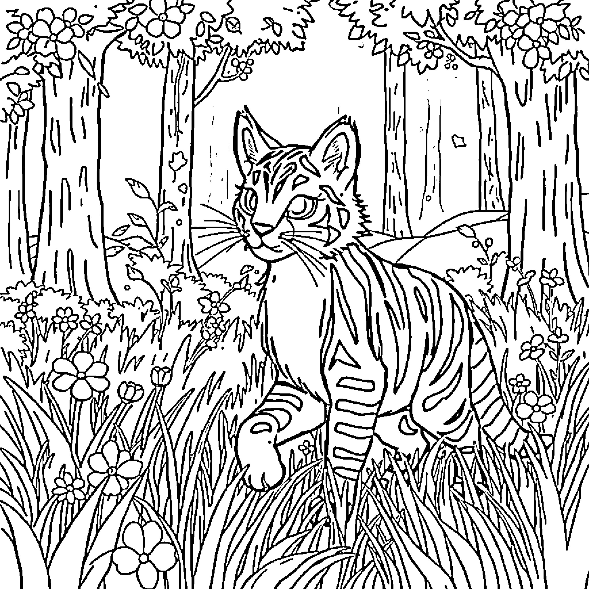 Tattoo of Tiger in Floral Forest Coloring Page (free black-and-white line drawing printable PDF for all, from beginners to advanced learners, including children, teens, adults, and seniors)