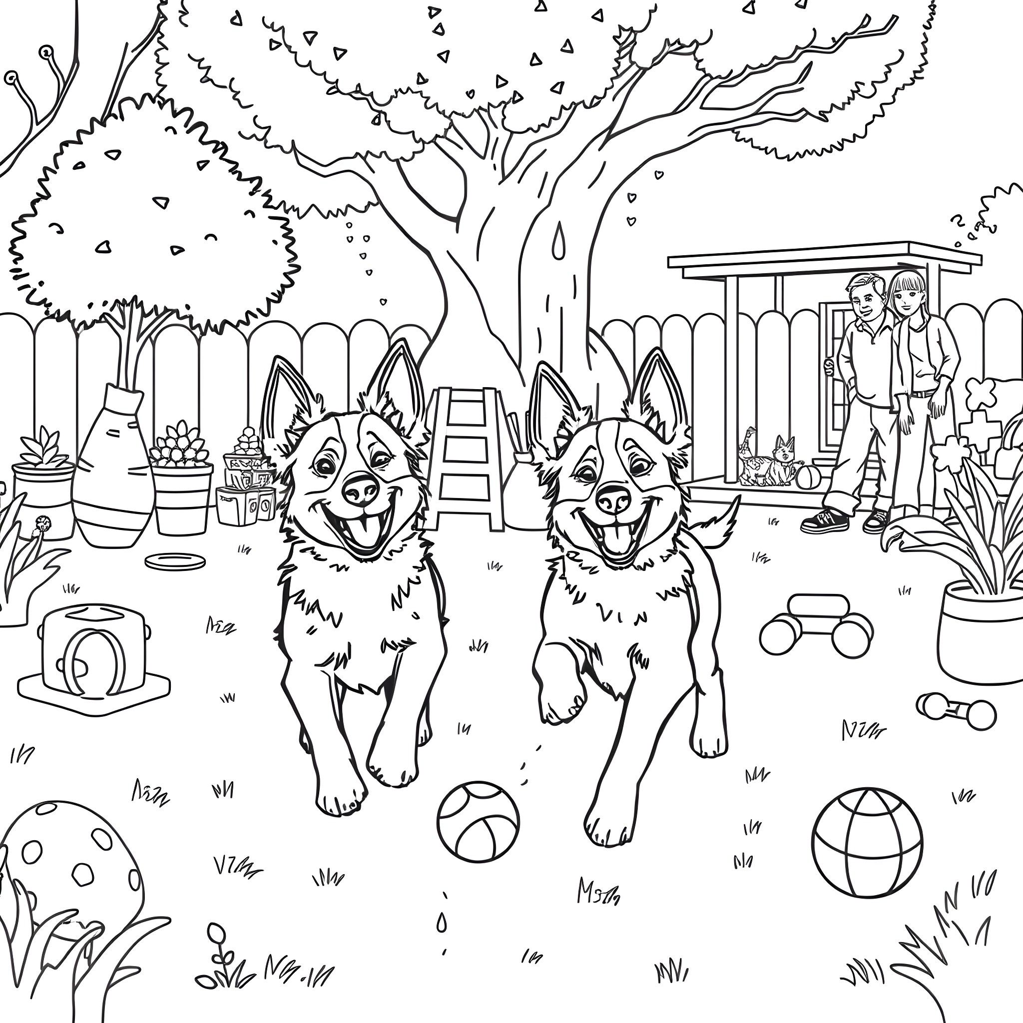 Bluey and Bingo playing happily in the yard Coloring Page (free black-and-white line drawing printable PDF for all, from beginners to advanced learners, including children, teens, adults, and seniors)