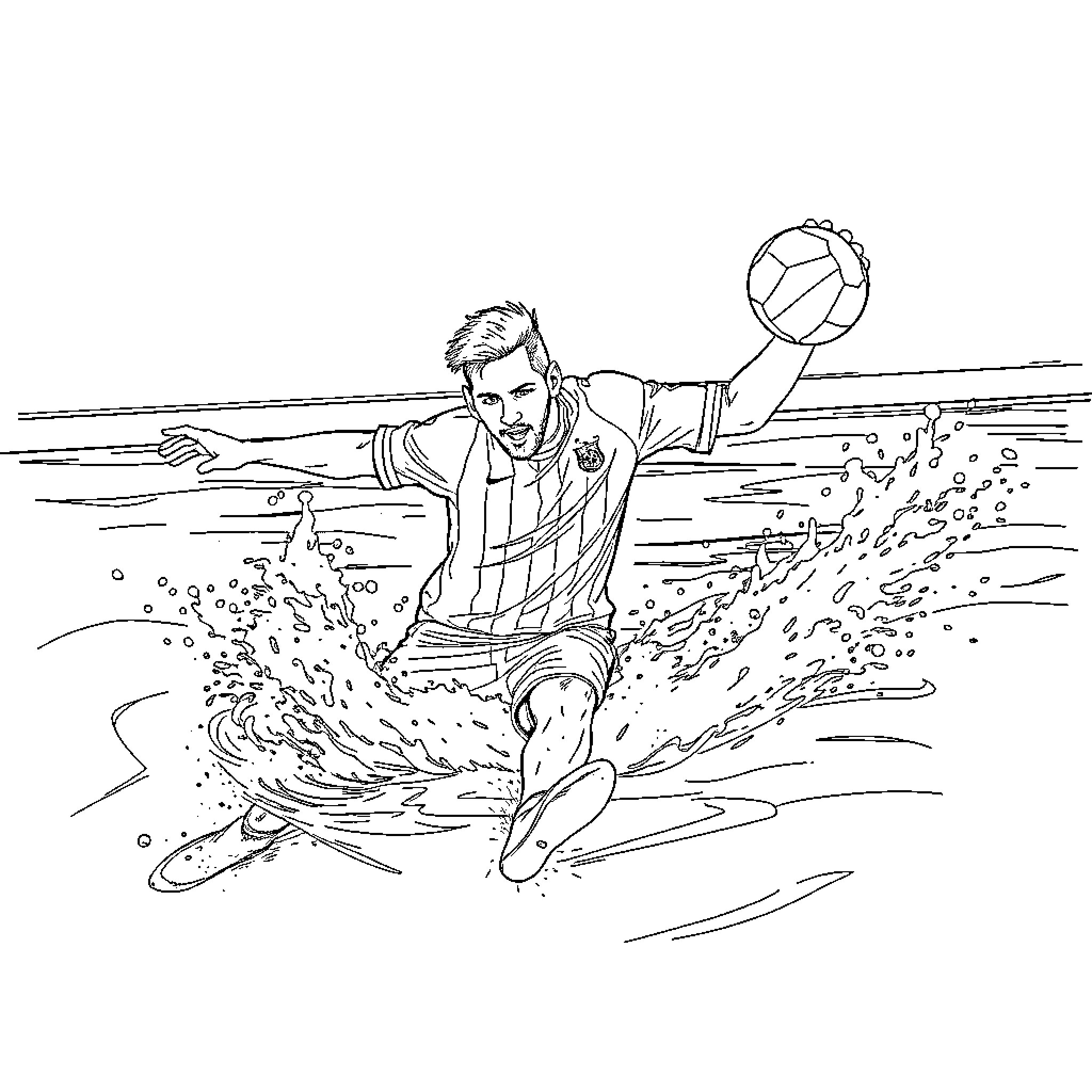 Messi diving to save the ball Coloring Page (free black-and-white line drawing printable PDF for all, from beginners to advanced learners, including children, teens, adults, and seniors)