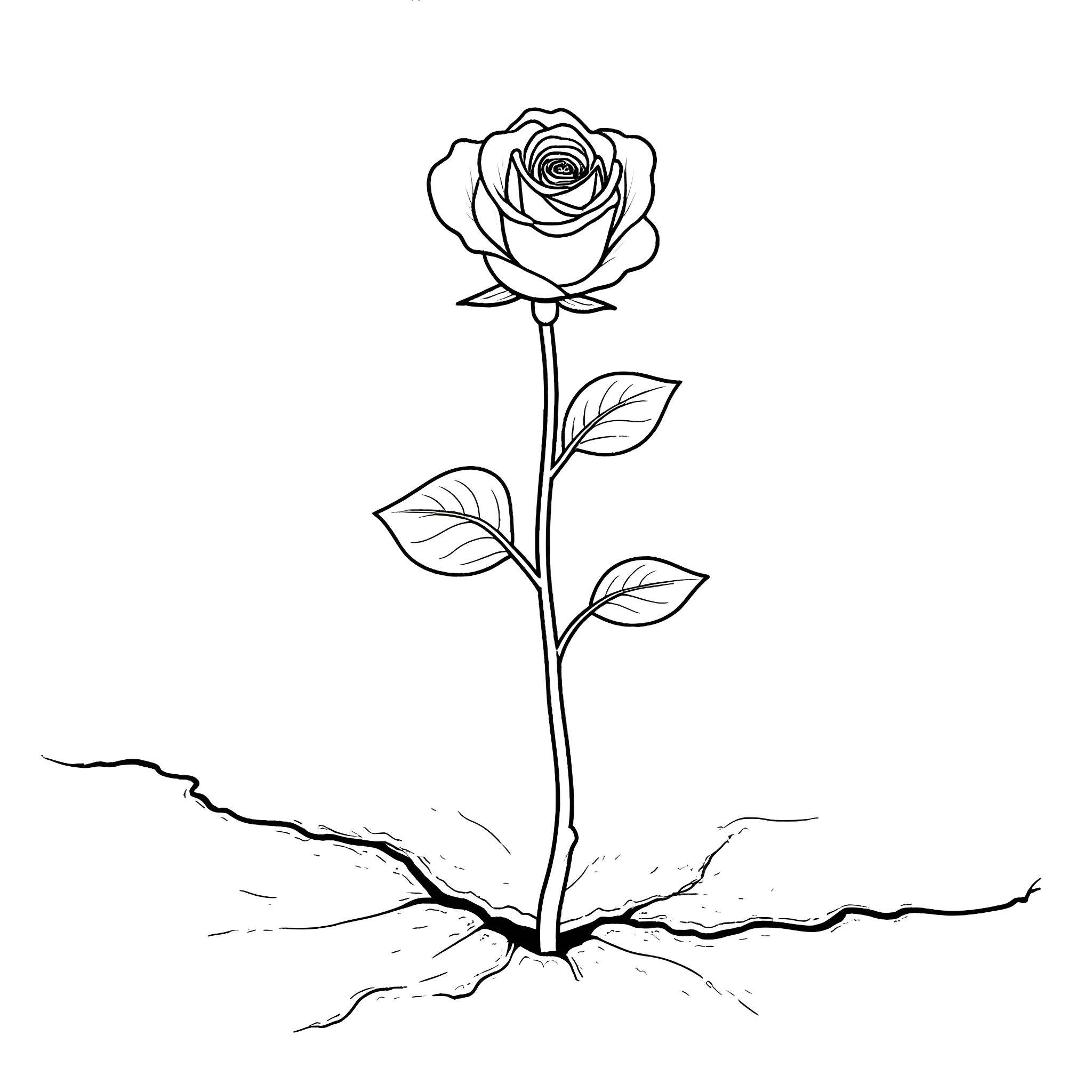 Rose blooming on a cracked surface Coloring Page (free black-and-white line drawing printable PDF for all, from beginners to advanced learners, including children, teens, adults, and seniors)