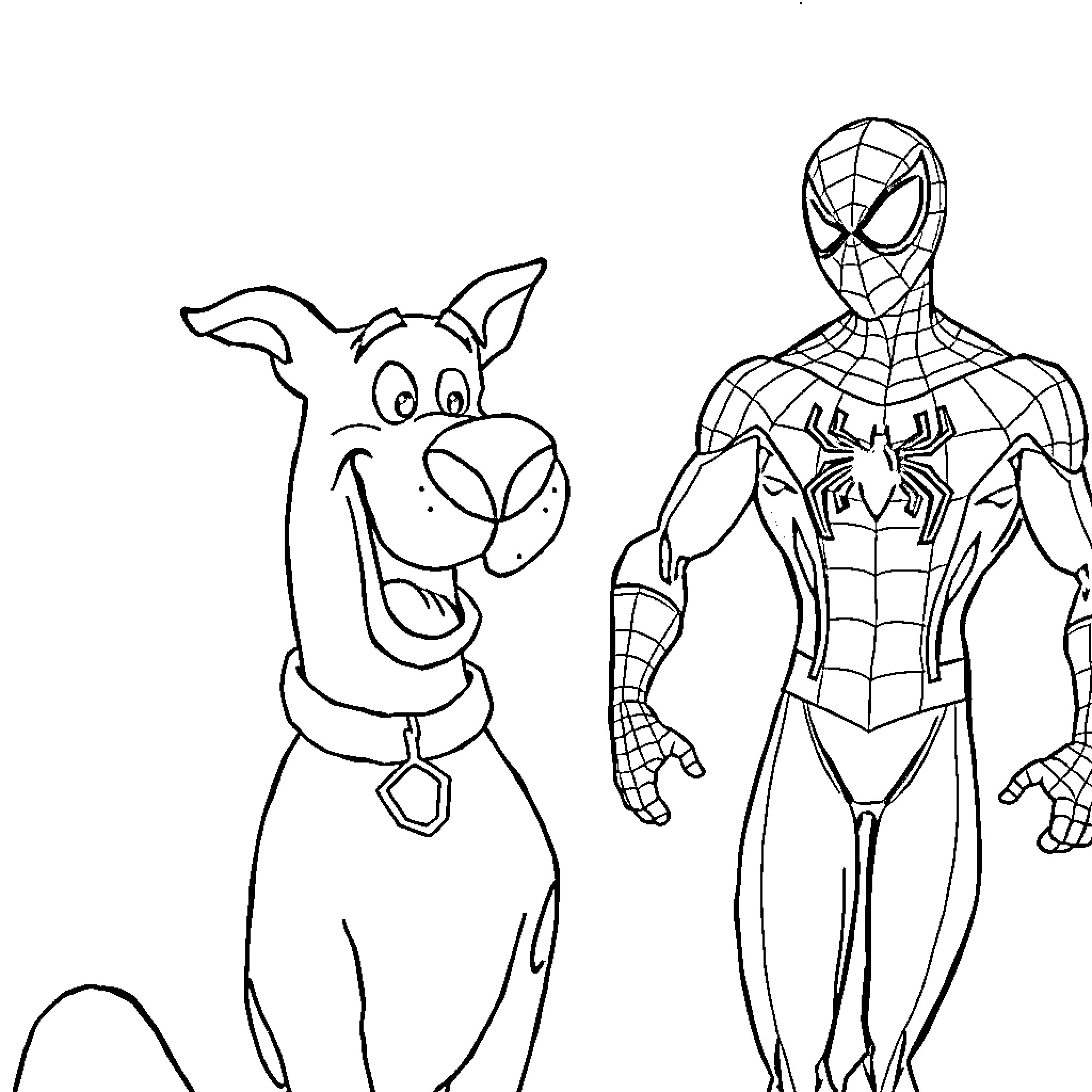 Scooby Doo and Spiderman on an adventure Coloring Page (free black-and-white line drawing printable PDF for all, from beginners to advanced learners, including children, teens, adults, and seniors)