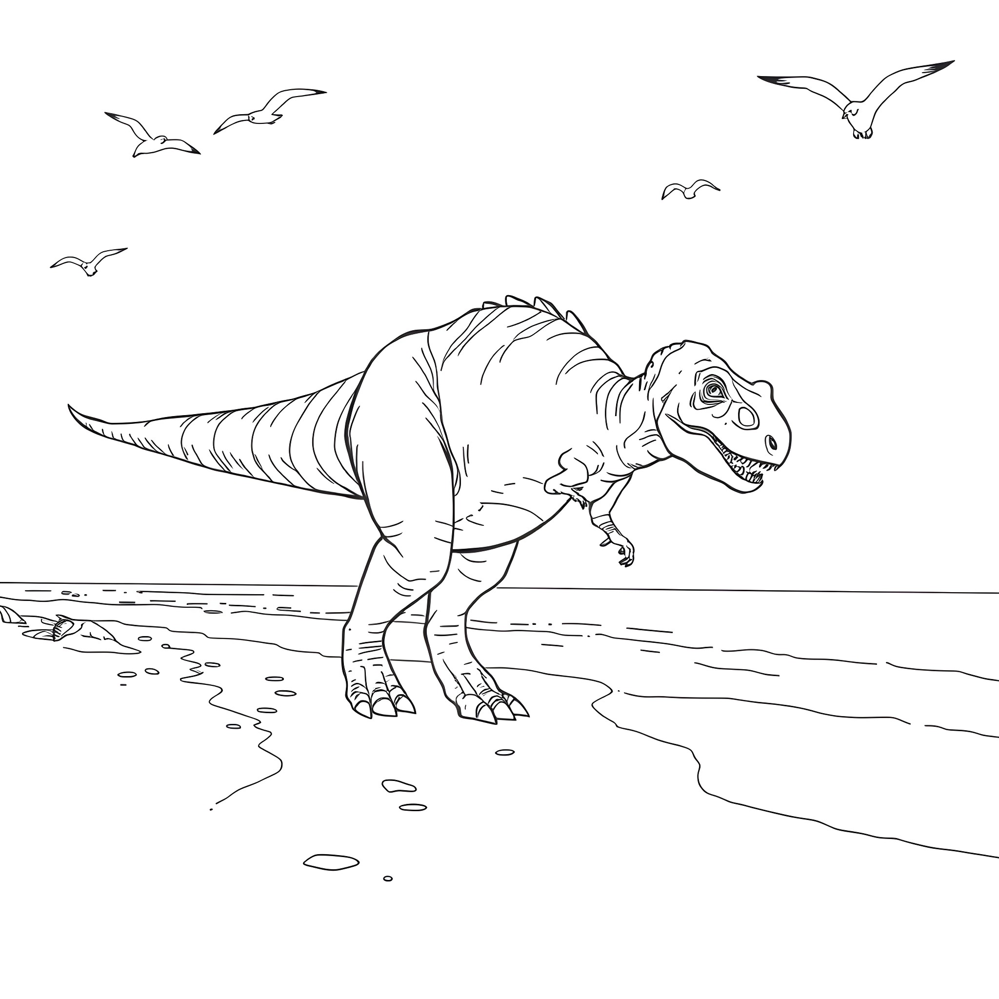 Dinosaur strolling along the beach Coloring Page (free black-and-white line drawing printable PDF for all, from beginners to advanced learners, including children, teens, adults, and seniors)