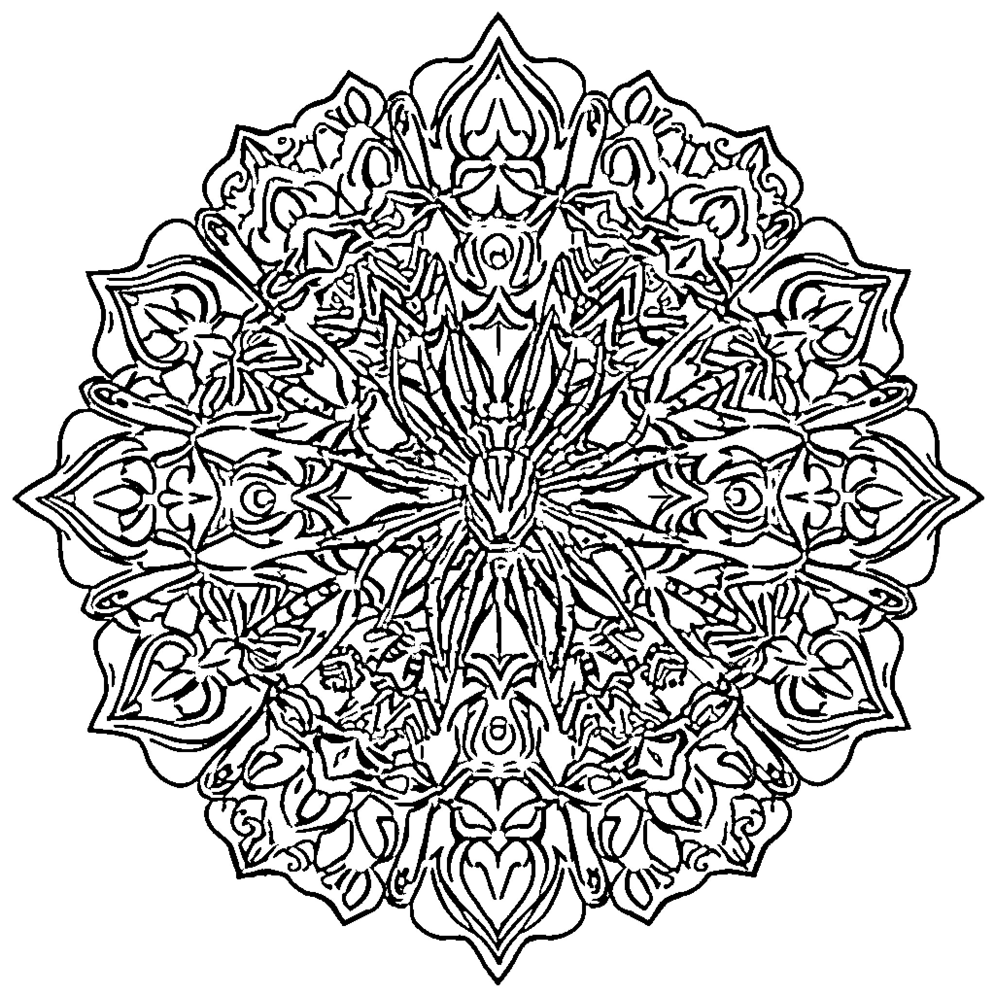Spider-shaped intricate mandala design Coloring Page (free black-and-white line drawing printable PDF for all, from beginners to advanced learners, including children, teens, adults, and seniors)