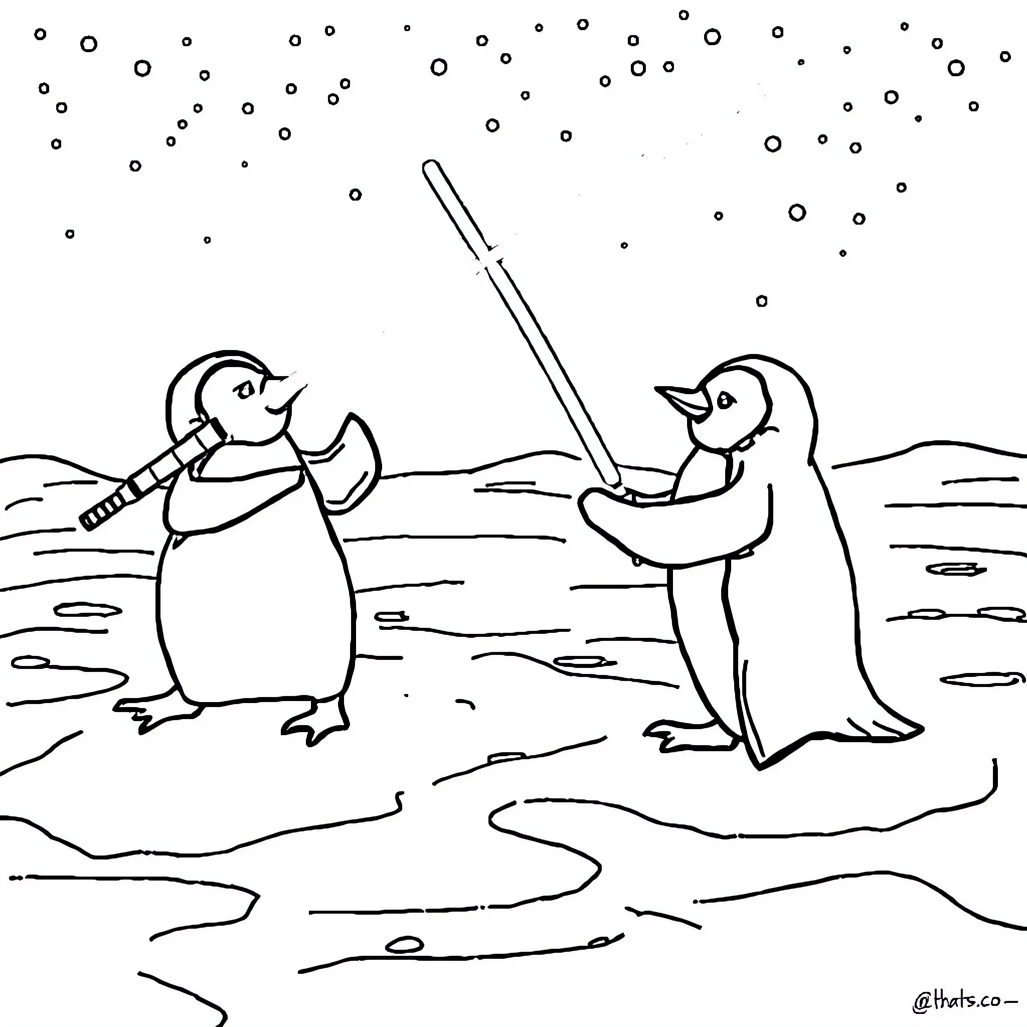 Penguins playing with sticks in the snow Coloring Page (free black-and-white line drawing printable PDF for all, from beginners to advanced learners, including children, teens, adults, and seniors)