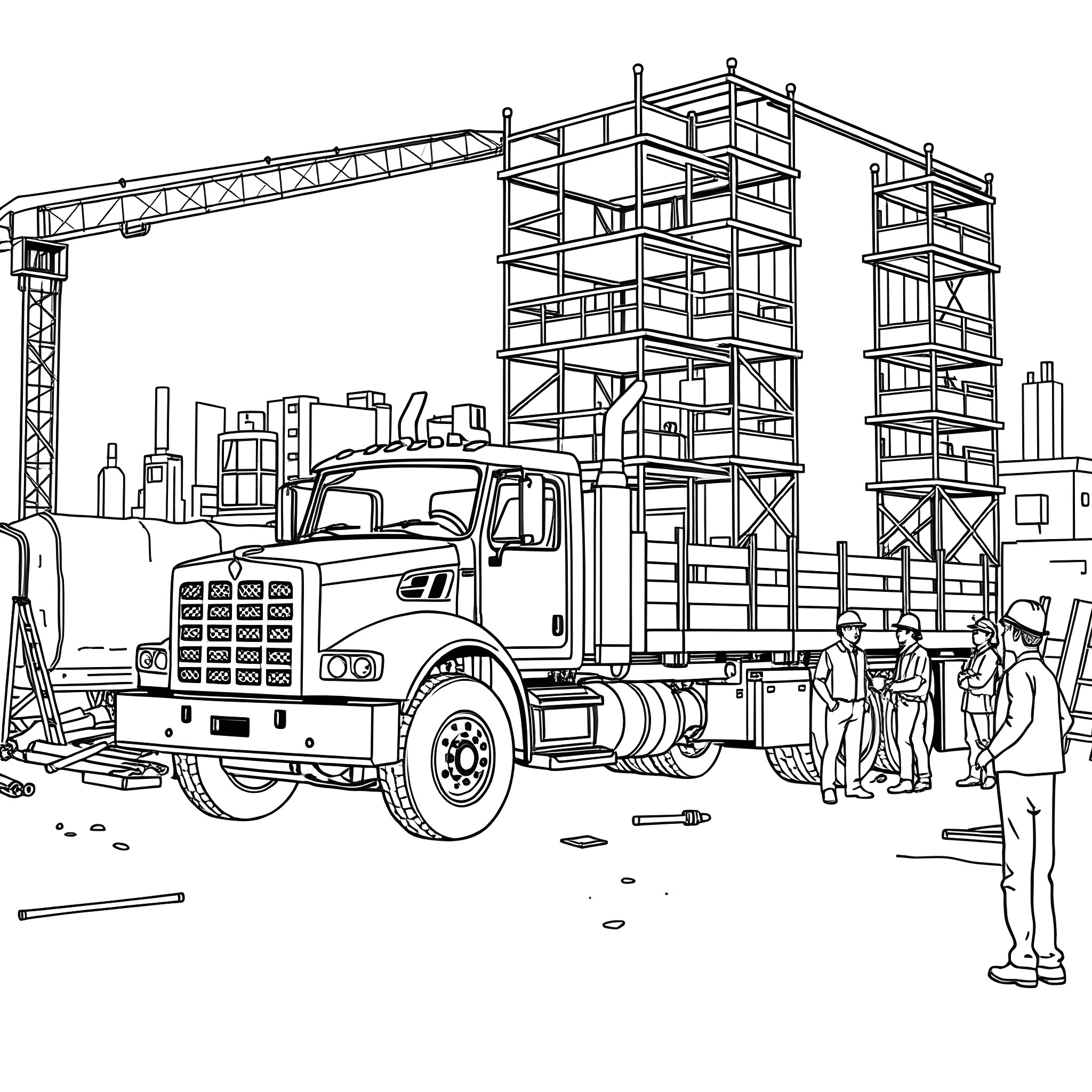 Flatbed truck transporting construction materials at a job site Coloring Page (free black-and-white line drawing printable PDF for all, from beginners to advanced learners, including children, teens, adults, and seniors)
