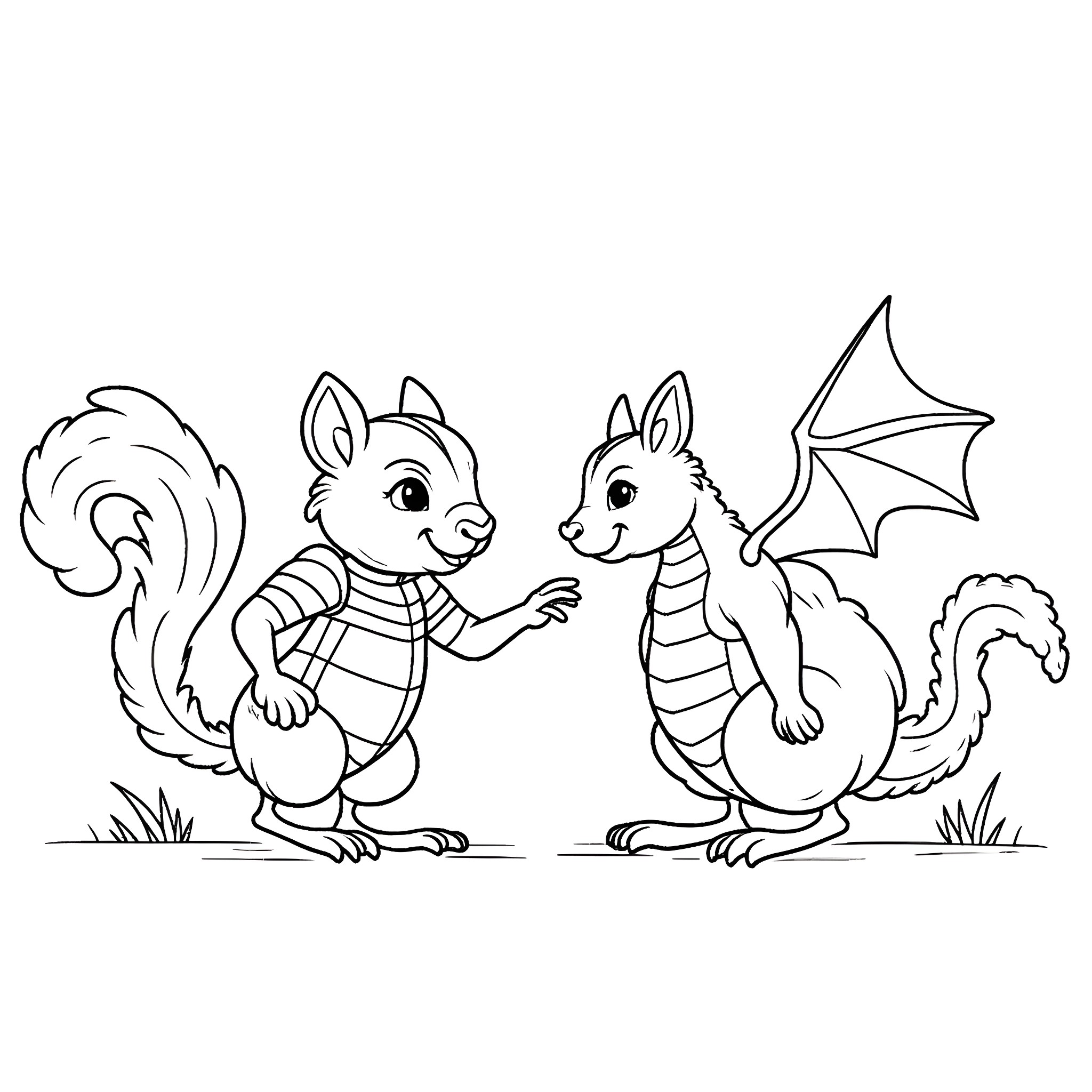 Squirrel and dragon play in the field Coloring Page (free black-and-white line drawing printable PDF for all, from beginners to advanced learners, including children, teens, adults, and seniors)