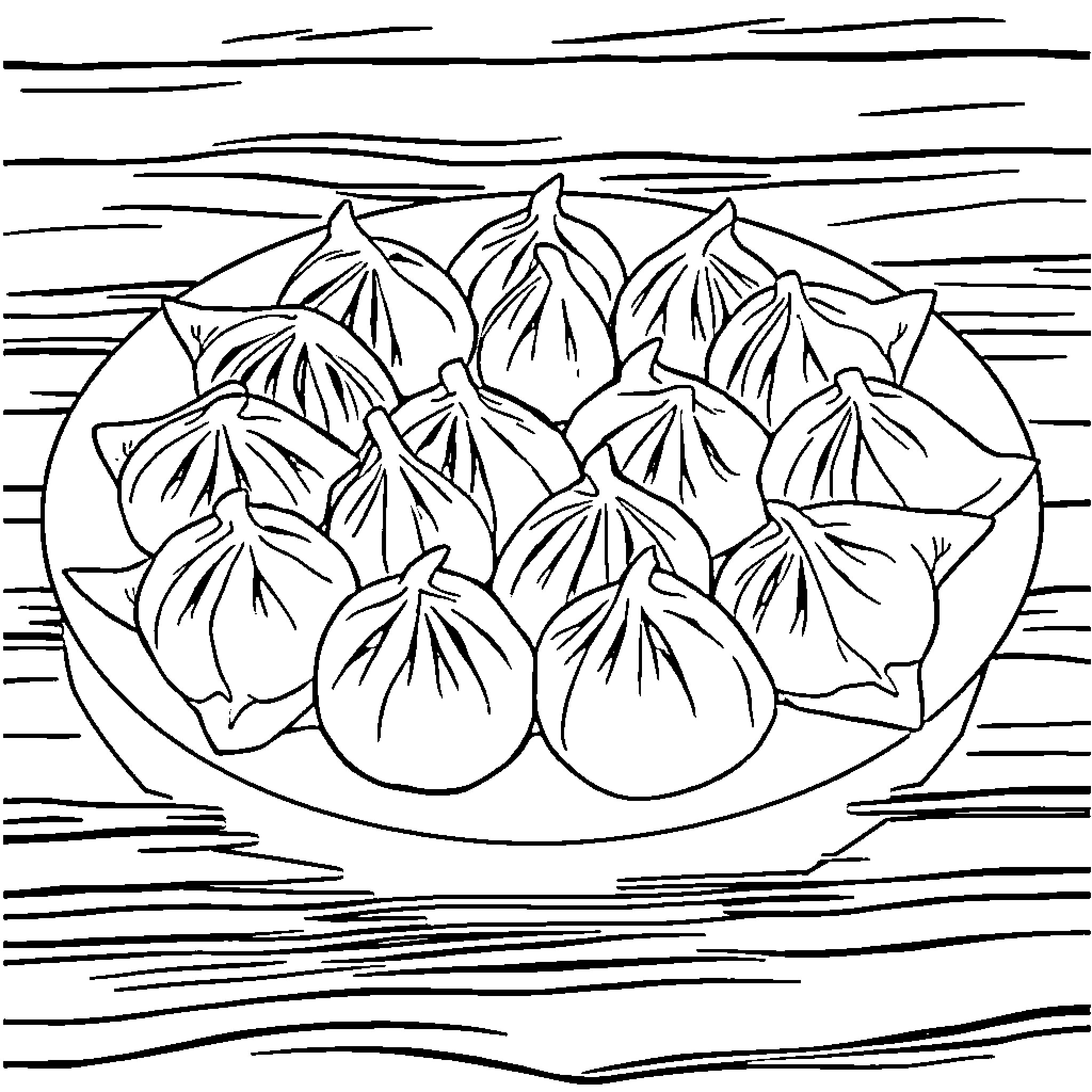 Dumpling Delight: A Platter of Savory Dumplings Coloring Page (free black-and-white line drawing printable PDF for all, from beginners to advanced learners, including children, teens, adults, and seniors)