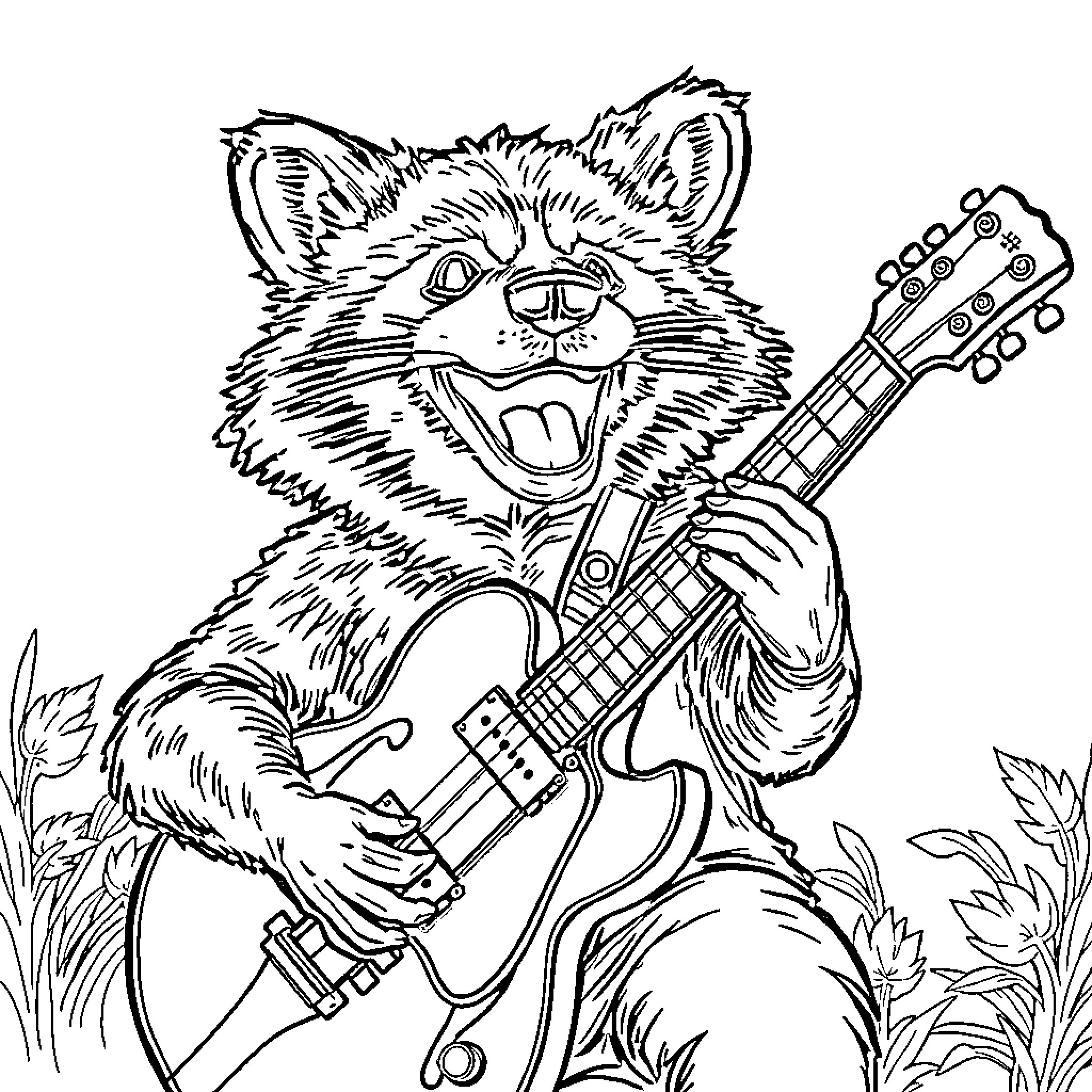 Raccoon playing guitar and singing in the outdoors Coloring Page (free black-and-white line drawing printable PDF for all, from beginners to advanced learners, including children, teens, adults, and seniors)