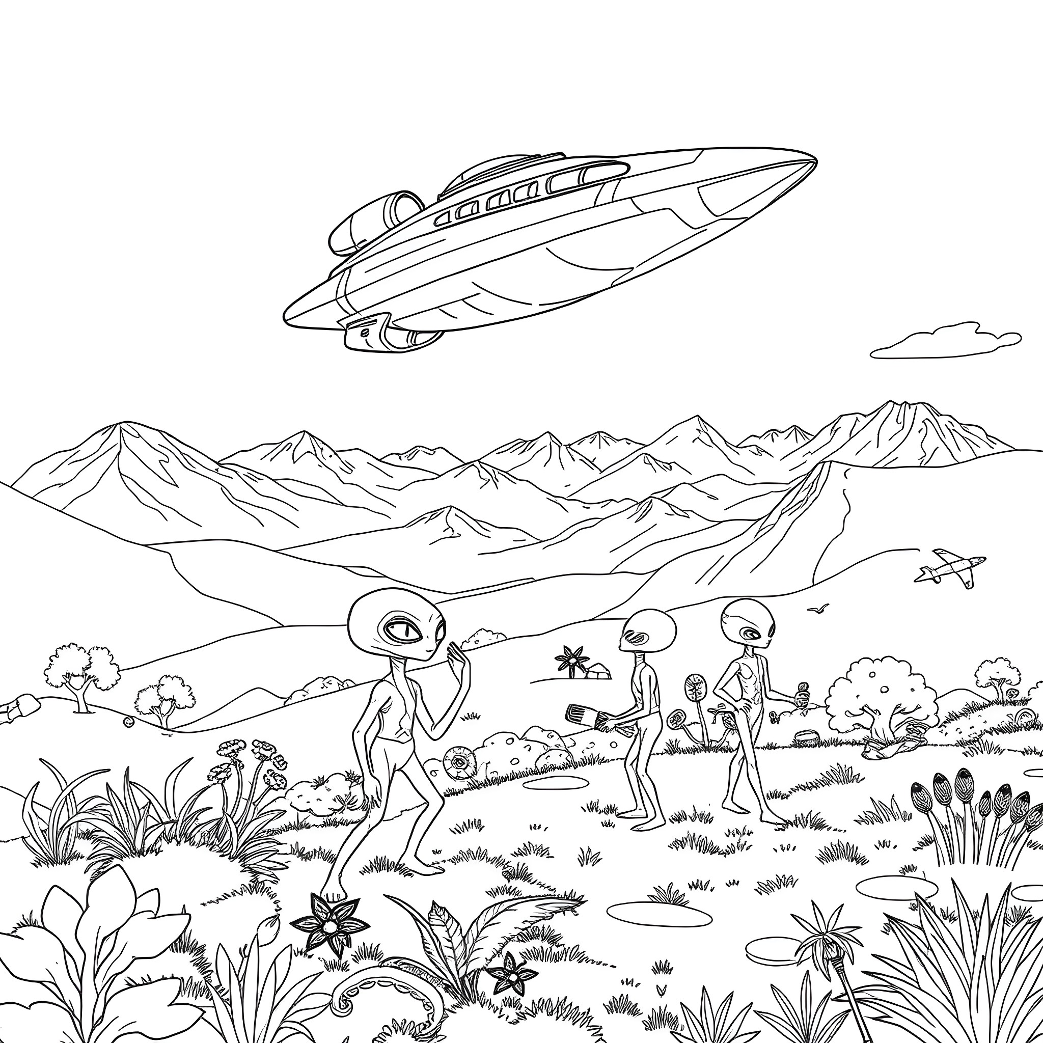 Alien explorers encountering peculiar flora and fauna Coloring Page (free black-and-white line drawing printable PDF for all, from beginners to advanced learners, including children, teens, adults, and seniors)