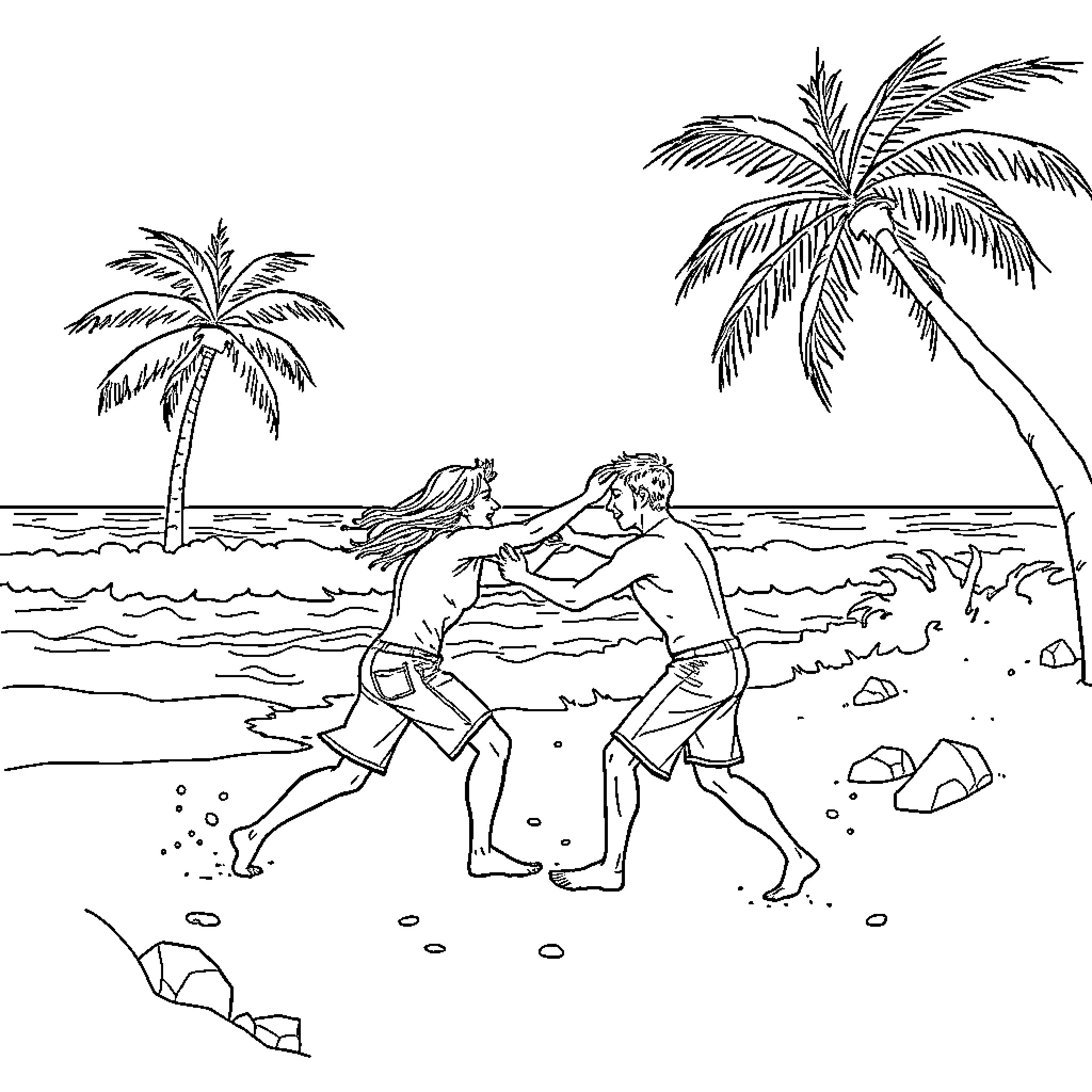 Fight between two people on a tropical beach Coloring Page (free black-and-white line drawing printable PDF for all, from beginners to advanced learners, including children, teens, adults, and seniors)