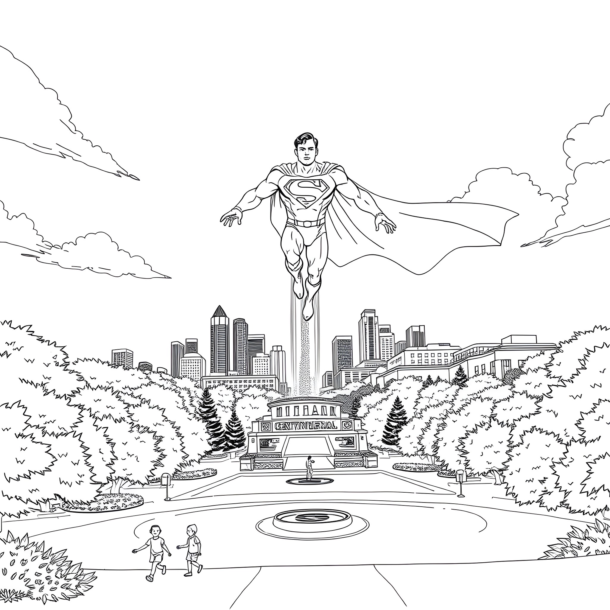 Superman soaring over the city skyline Coloring Page (free black-and-white line drawing printable PDF for all, from beginners to advanced learners, including children, teens, adults, and seniors)
